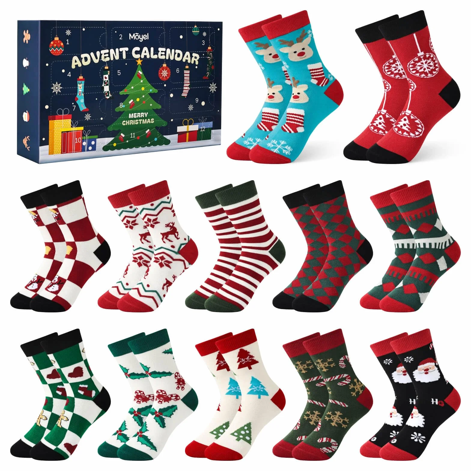 Moyel Calendario Adviento Calcetines 12 pares 8-12 Años Navidad Regalo Niño Niña