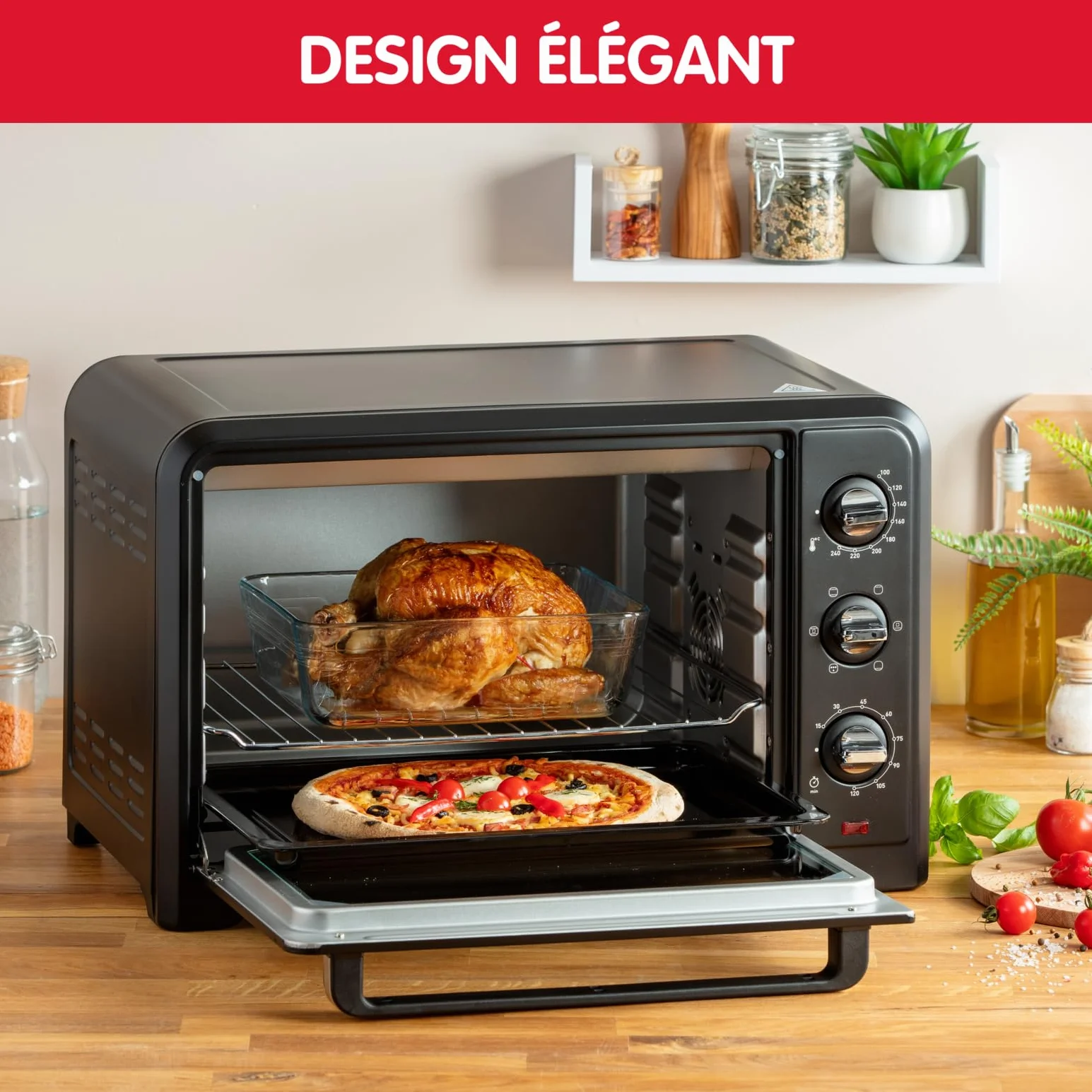 Moulinex - Horno posable 33 L, calor giratorio, convección de punta, 6 modos de cocción, termostato ajustable hasta 240 °C, temporizador 120 min, rejilla reversible, manoplas de silicona, Optimo Negro