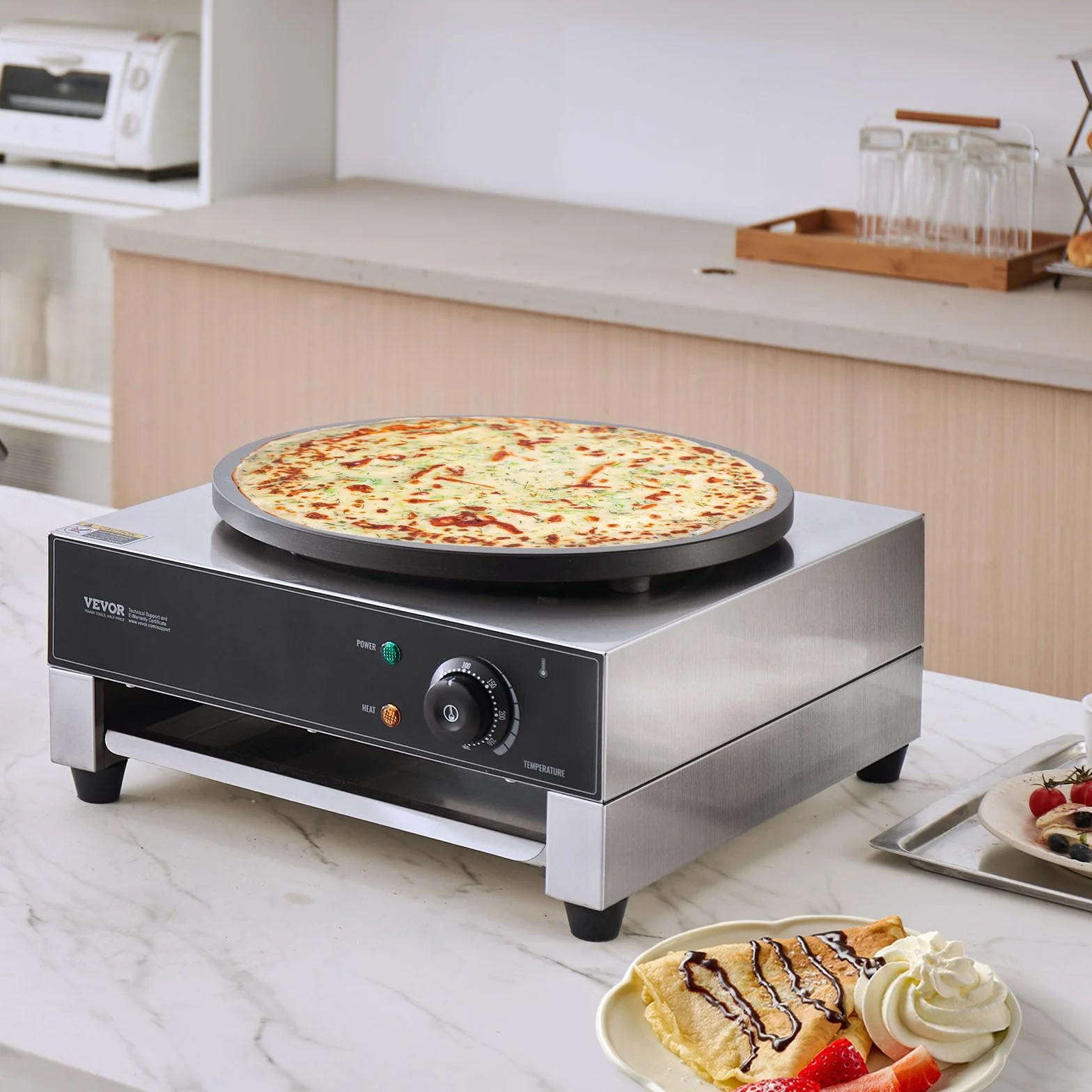 VEVOR Máquina para Crepes Comercial de Placa Plana de 3000 W, Acero Inoxidable Antiadherente, Estufa Circular de Escritorio para Panqueques y Cereales con Control de Temperatura, 435 x 455 x 225 mm