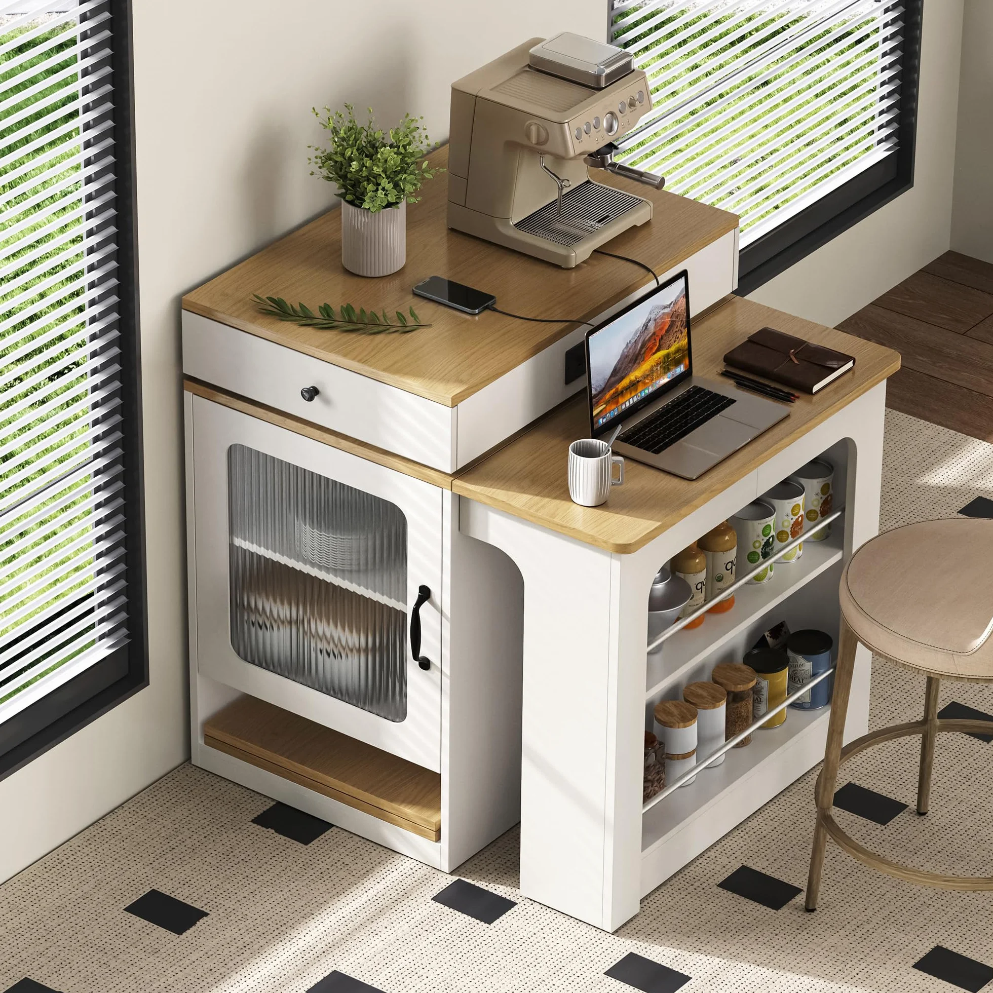 Isla de cocina móvil 80 x 71-151 cm con mesa extensible y enchufes, carrito de cocina con ruedas, mesa de bar, aparador, color blanco/natural, para pequeñas cocinas, comedores y oficinas en
