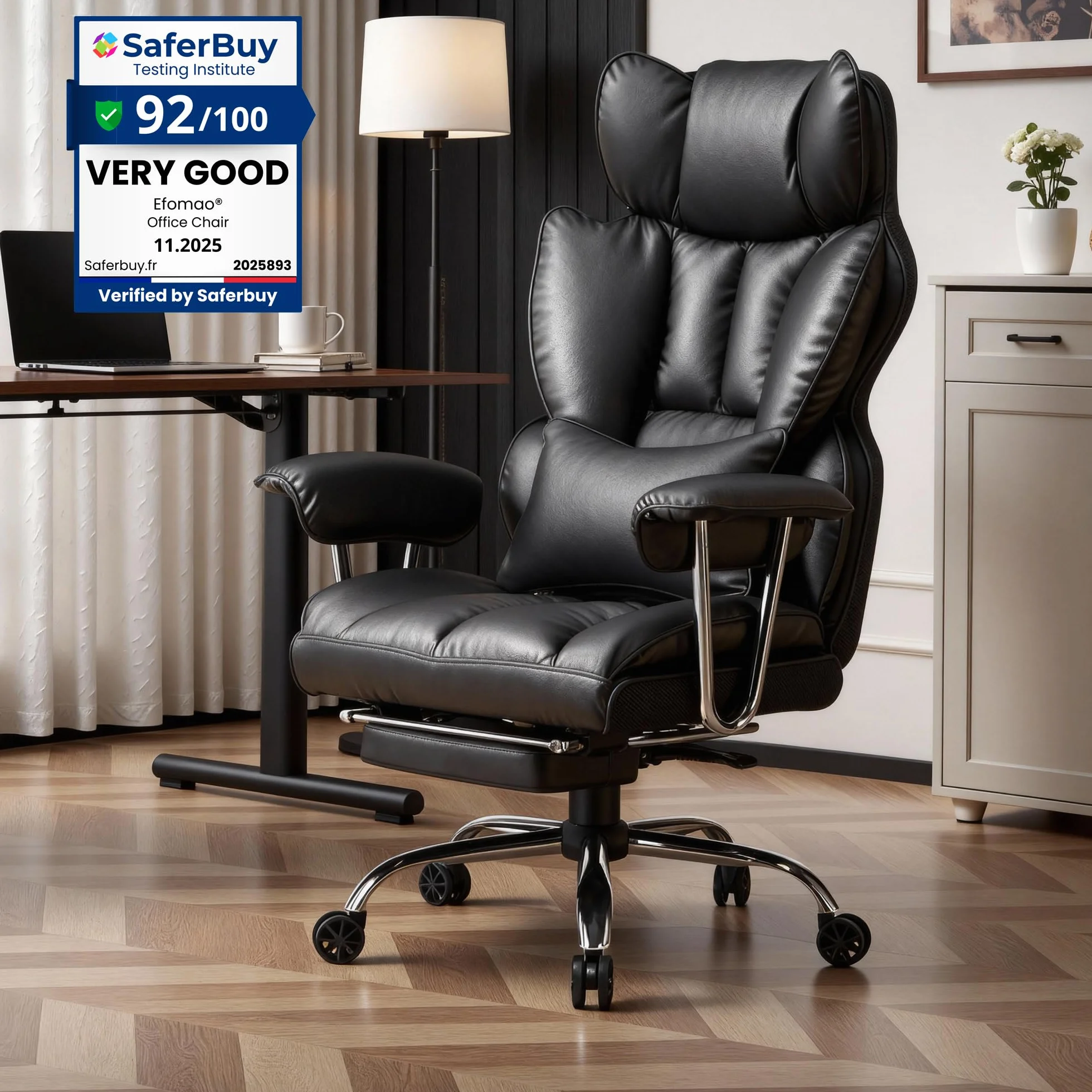 Efomao Silla de Oficina de Escritorio, Silla de Oficina de Piel sintética de Gran Respaldo, Silla giratoria con reposapiés y Soporte Lumbar, Negro