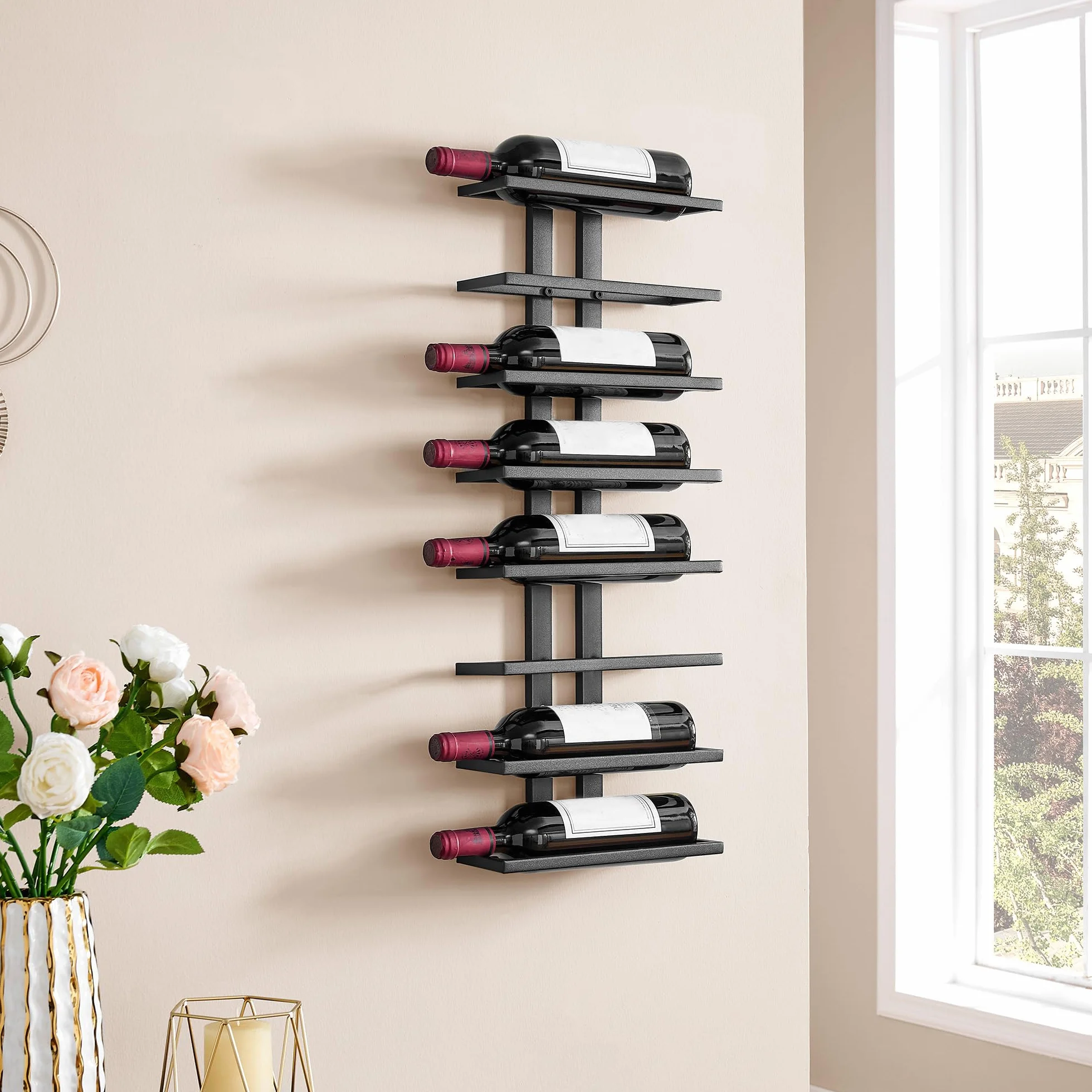 FAVOOSTY Botellero de Pared, Botellero Vertical, Estante para Botellas con 8 Niveles, 8 Botellas de Vino, Soporte para Botellas, Estante de Metal para Botellas de Vino, para Comedor, Bodega, Negro