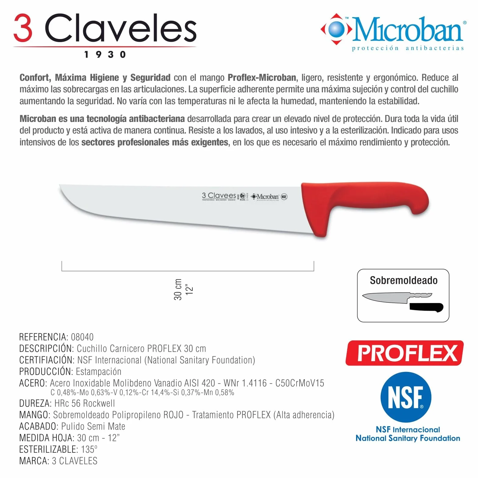 3 Claveles Cuchillo Carnicero Proflex, Acero Inoxidable, 30 cm
