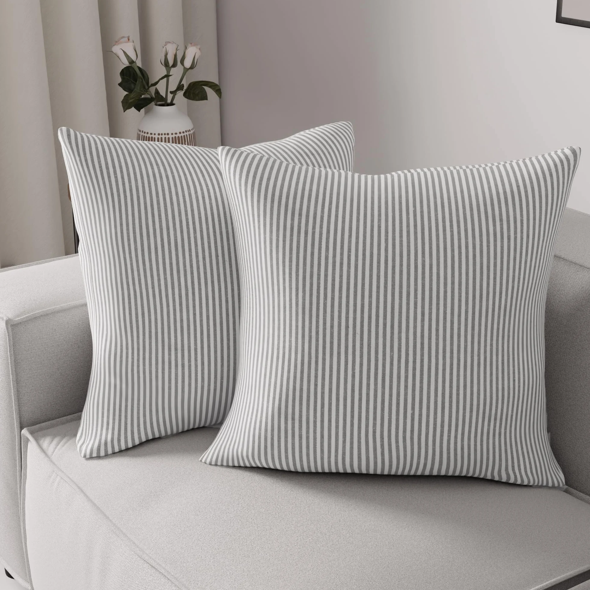Encasa XO Fundas de Almohada 2 Piezas 40x40 cm Ticking Negro Lona de Algodón Suave Cojín Decorativo Hogar
