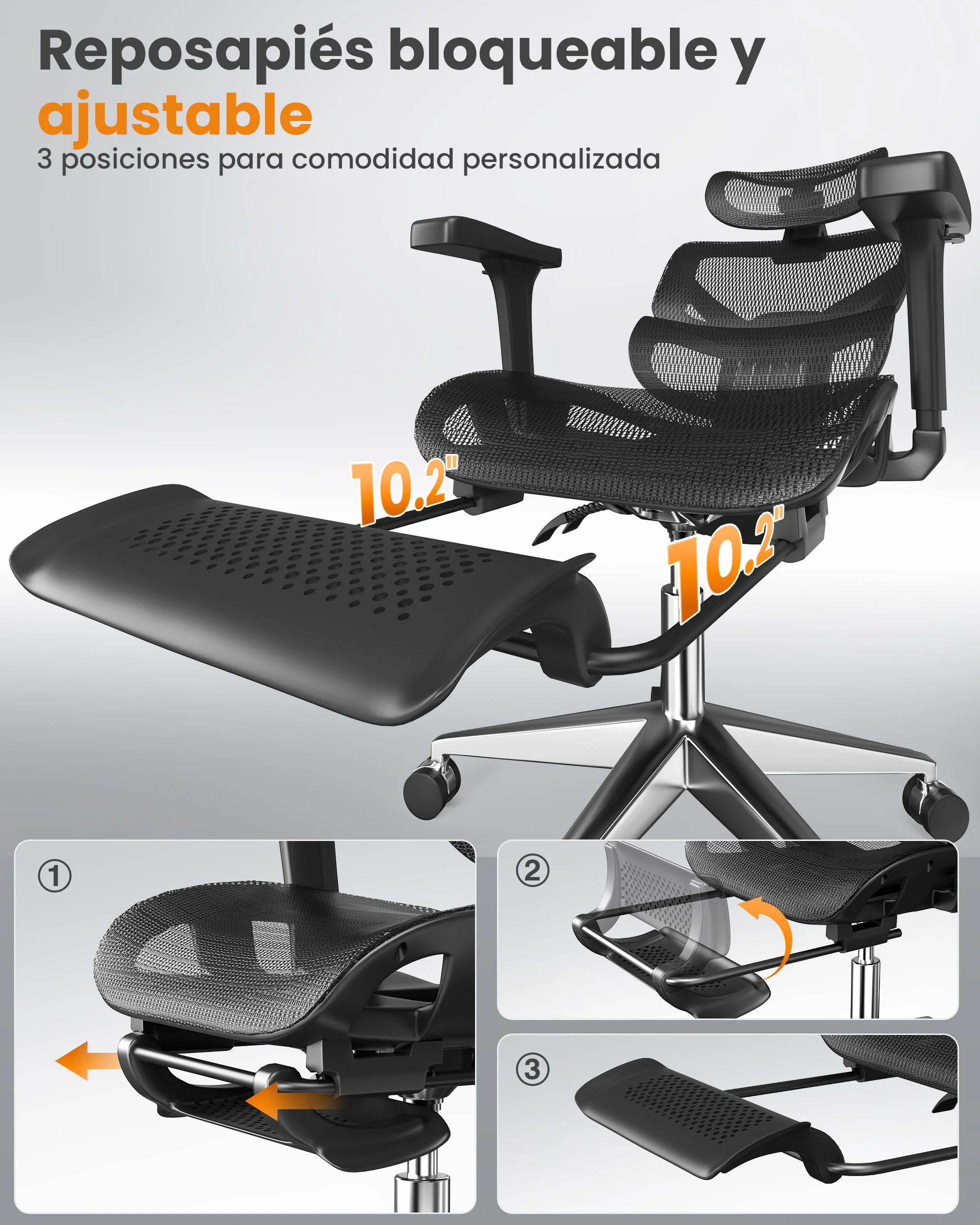 Silla Escritorio Ergonómica con Respaldo Alto de Malla Transpirable, Carga 160 kg, Reposabrazos 3D y Reposacabezas Ajustables