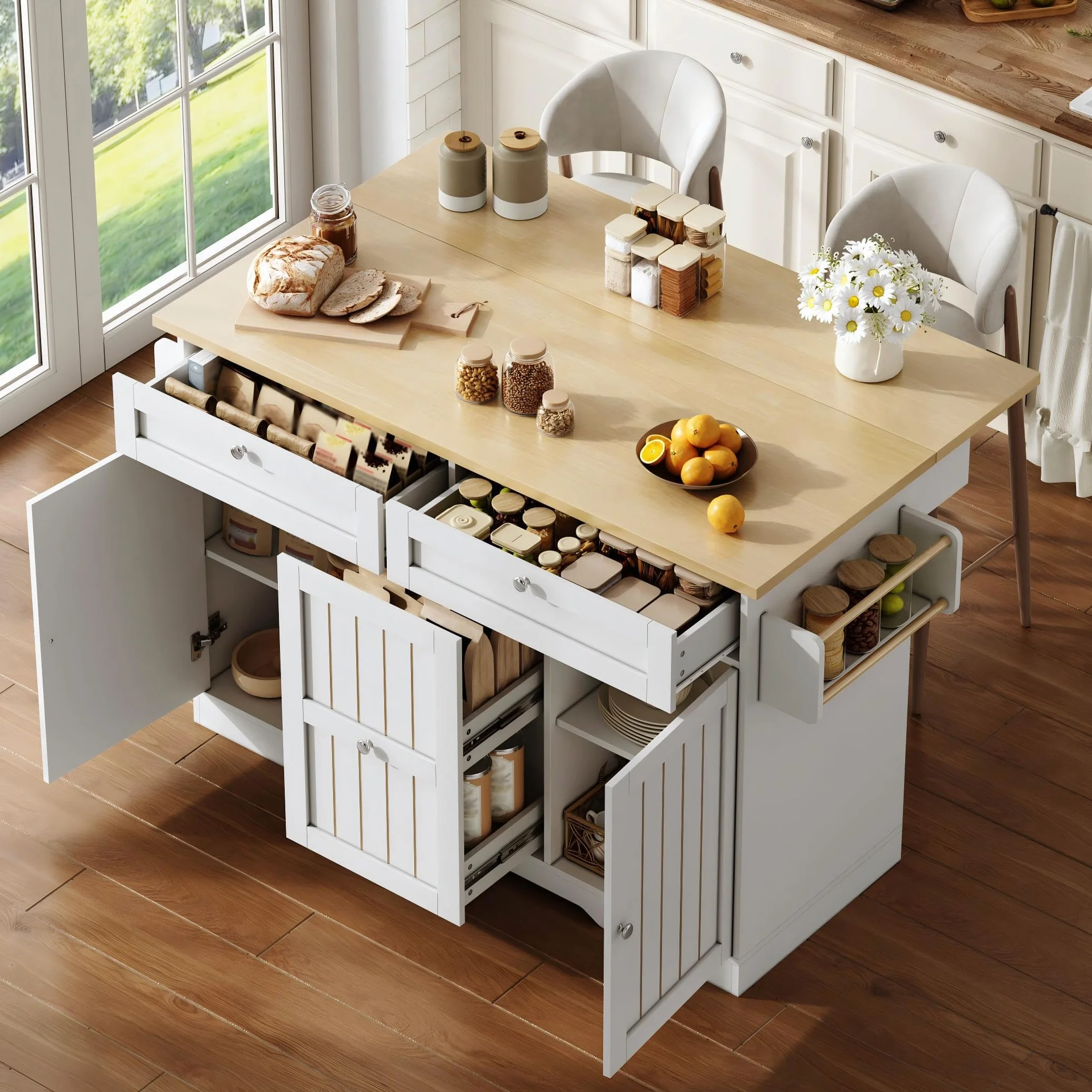 Isla Cocina con Ruedas y Encimera Plegable, Mueble Auxiliar de Cocina con 3 Cajones y 2 Puertas, Isla de Cocina con Estante para Condimentos y Toallero, 137x45-70x92 cm, Natural+Blanco