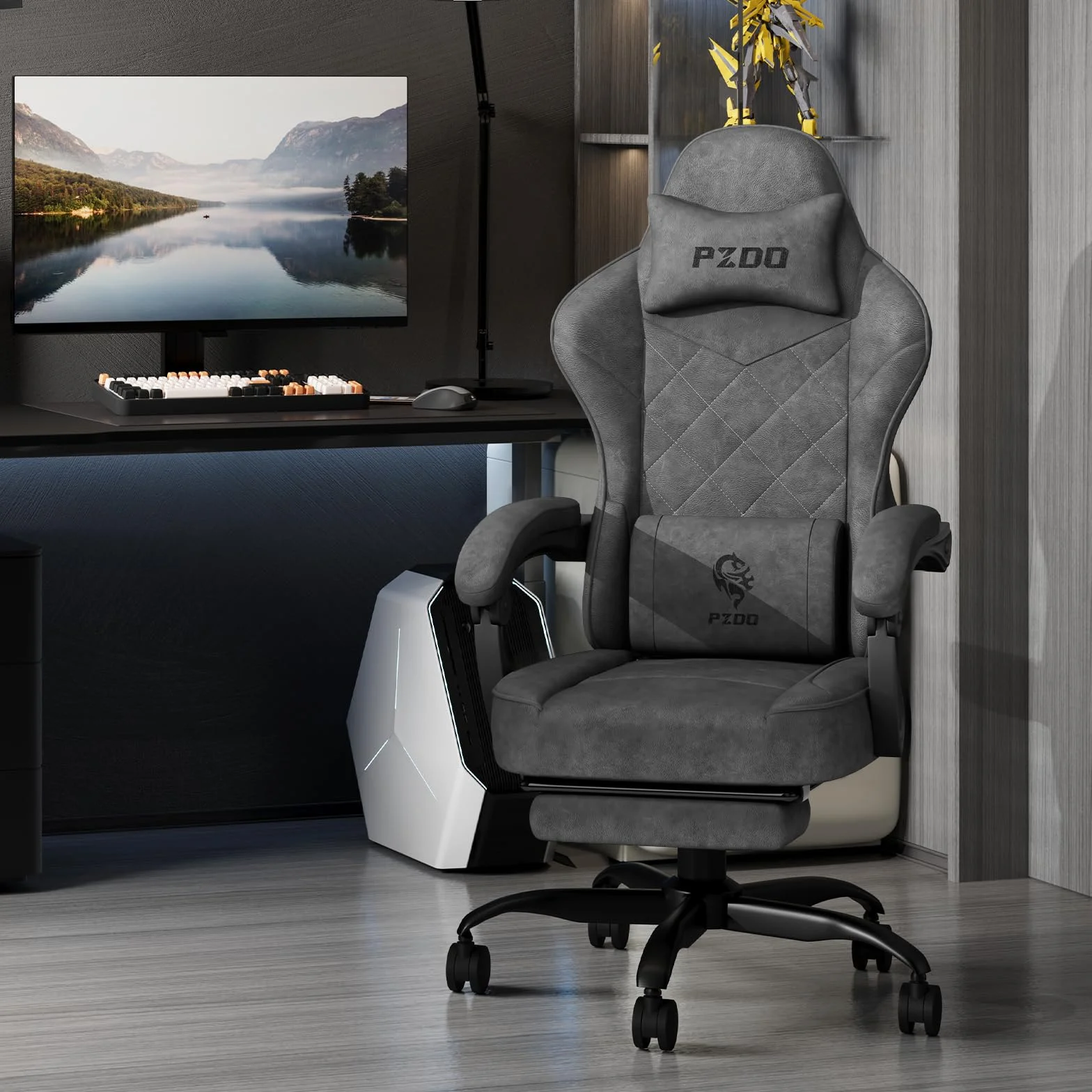 PZDO Silla Gaming Ergonómica Silla de Oficina con Tejido de Alta Tecnología, Silla Gamer Silla Ordenador con Reposapiés, Cadeira Gaming Chair de Ordenador, Adultos, Adolescentes (Negro)