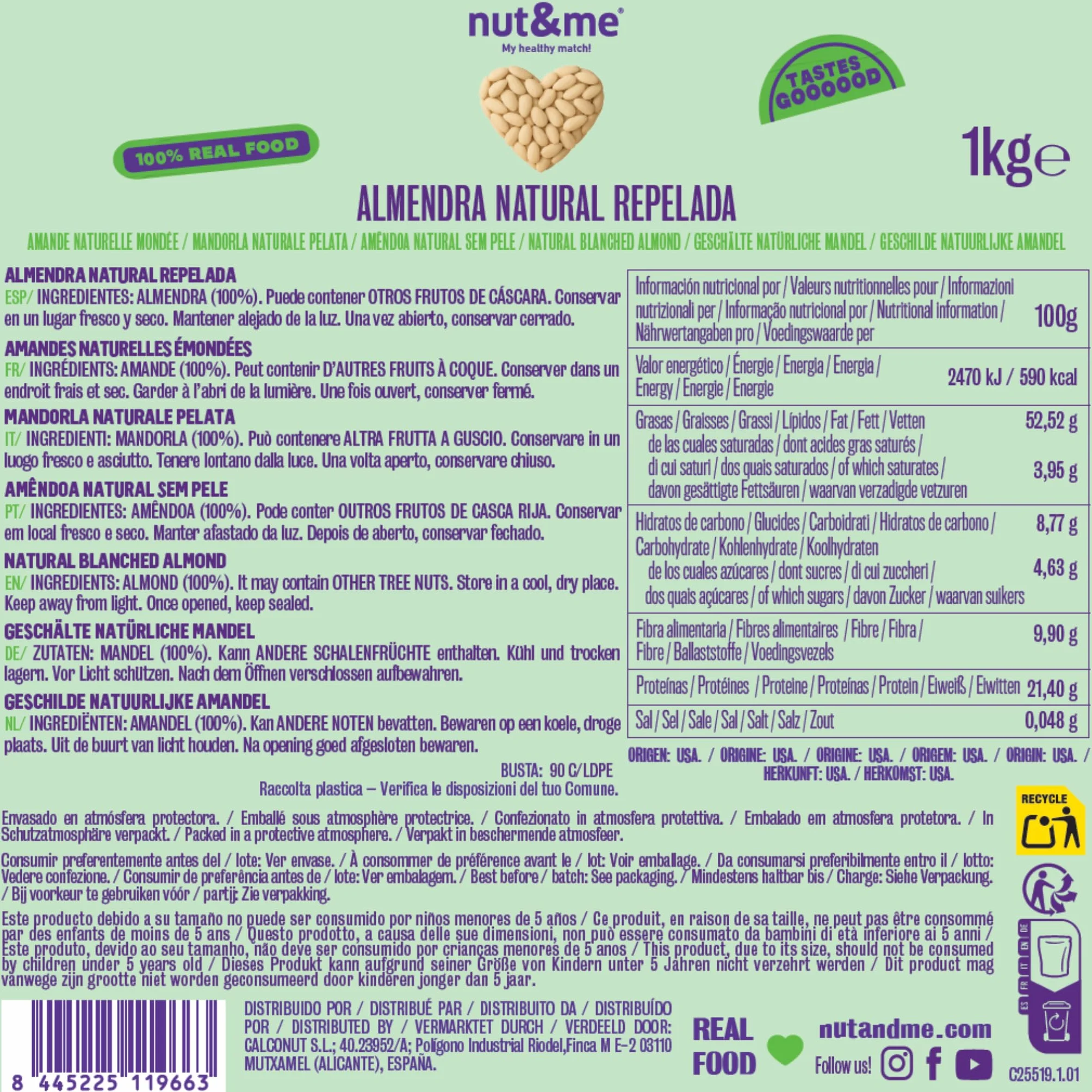 Almendra cruda sin piel 1 kg nut&me | Almendras peladas sin aditivos ni sal