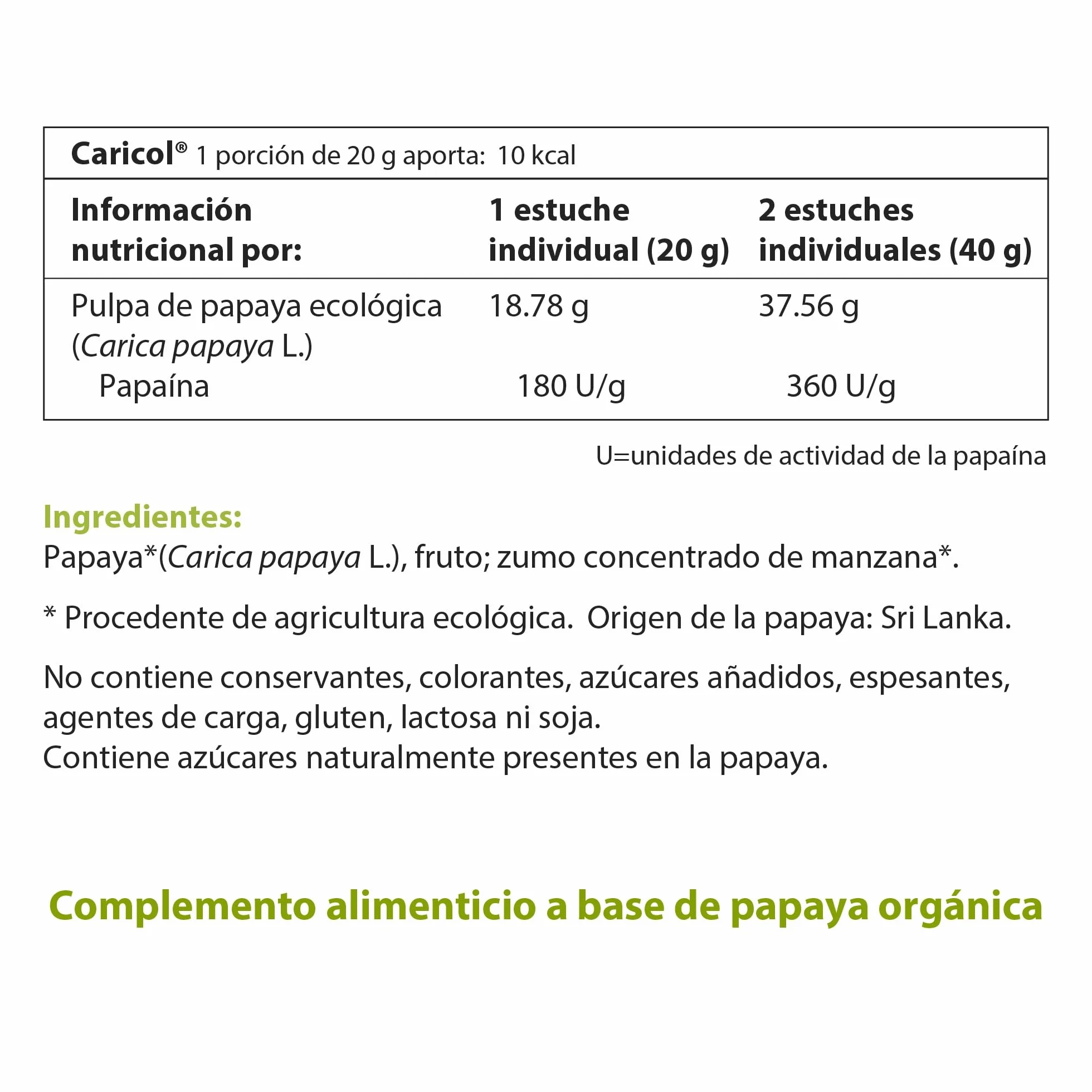 Caricol Enzimas Digestivas de Papaya Papaína 20 Sobres 20g Sin Aditivos 100% Natural
