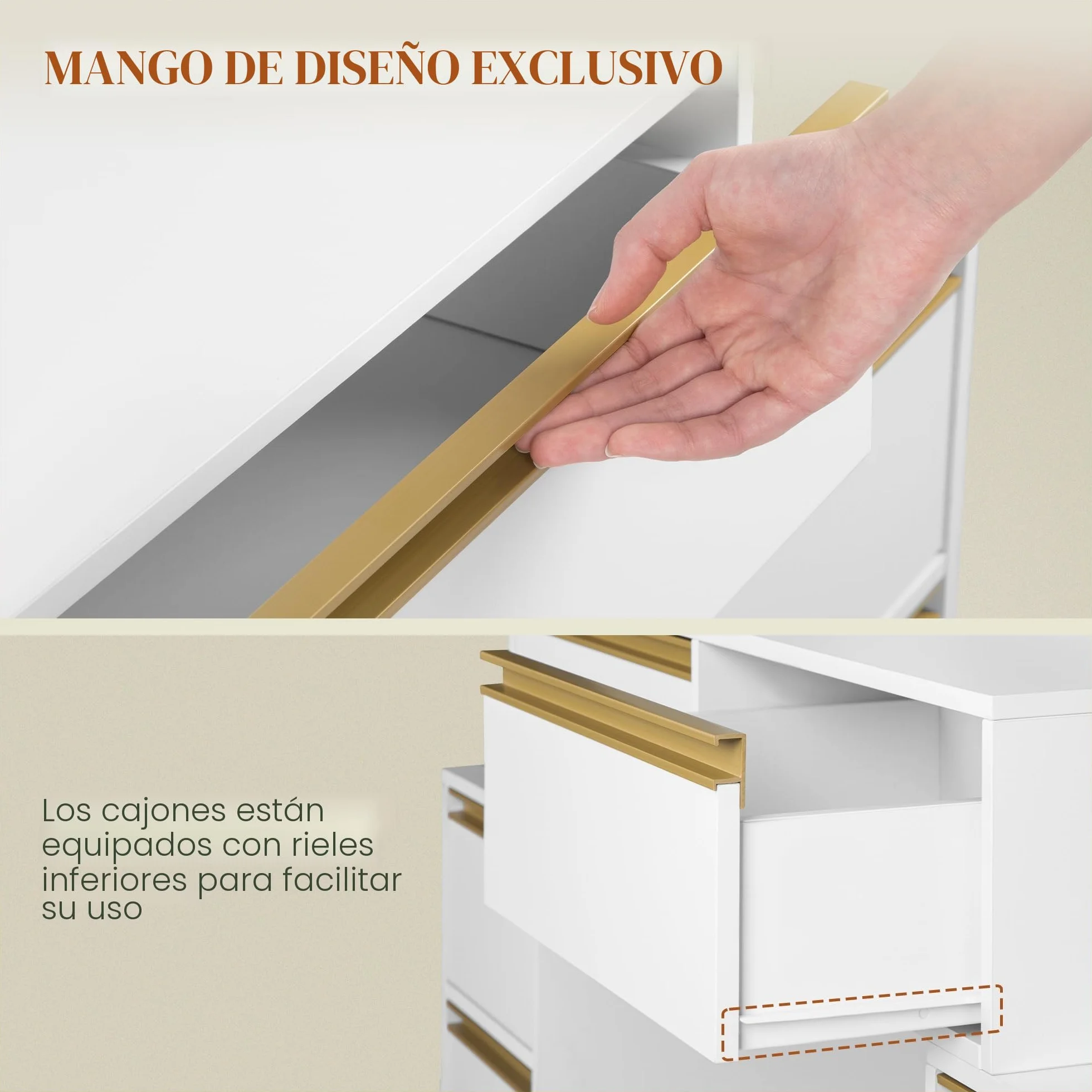 Tocador de Maquillaje con Luz LED, 135 cm, 8 Cajones, Blanco-Dorado