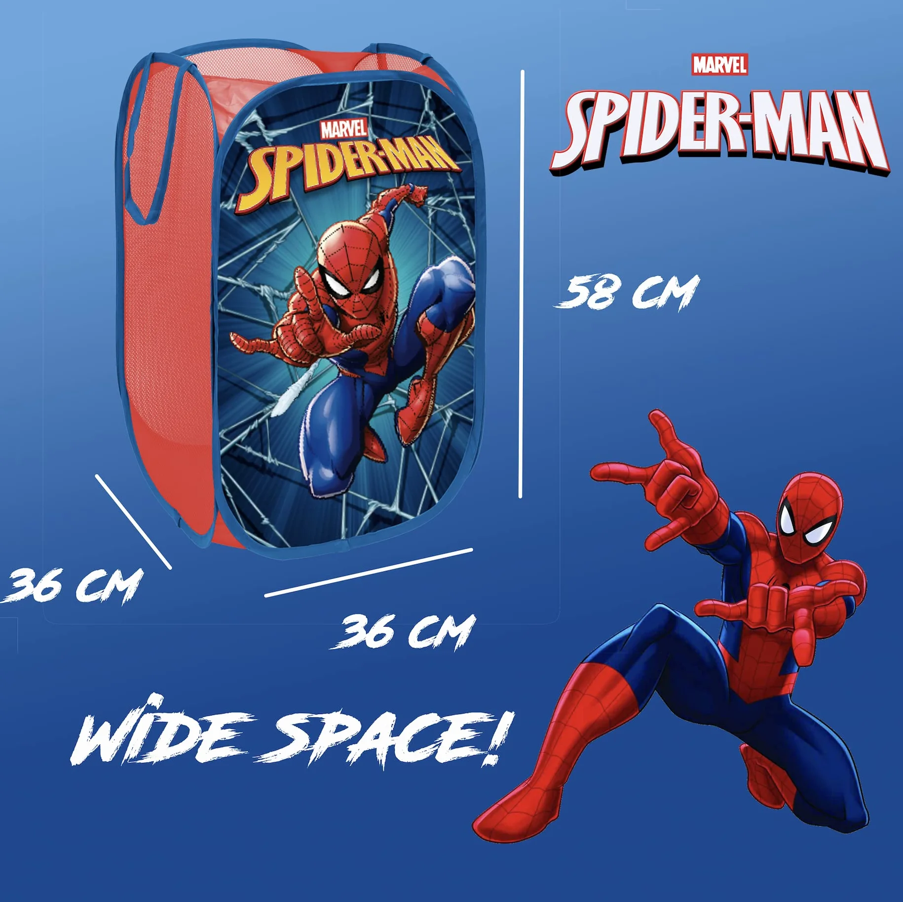 Superdiver - Contenedor plegable de Spiderman, Licencia Oficial Marvel: Para guardar y almacenar juguetes y ropa - 36x36x58 cm - Fácil de guardar. Perfecto para niños y niñas.
