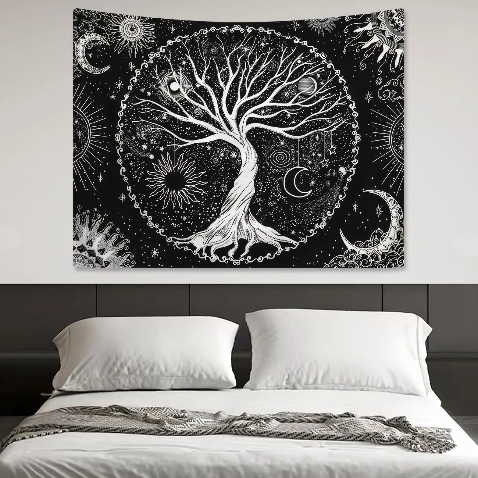 DecorDwell Tapices de Árbol de la Vida,150x130cm Tapiz Pared Fases Lunares，Tapiz de Mandala Psicodélico,Tapiz de Pared Blanco y Negro,para Habitación，Dormitorio，Salapareo Playa（ Blanco Negro