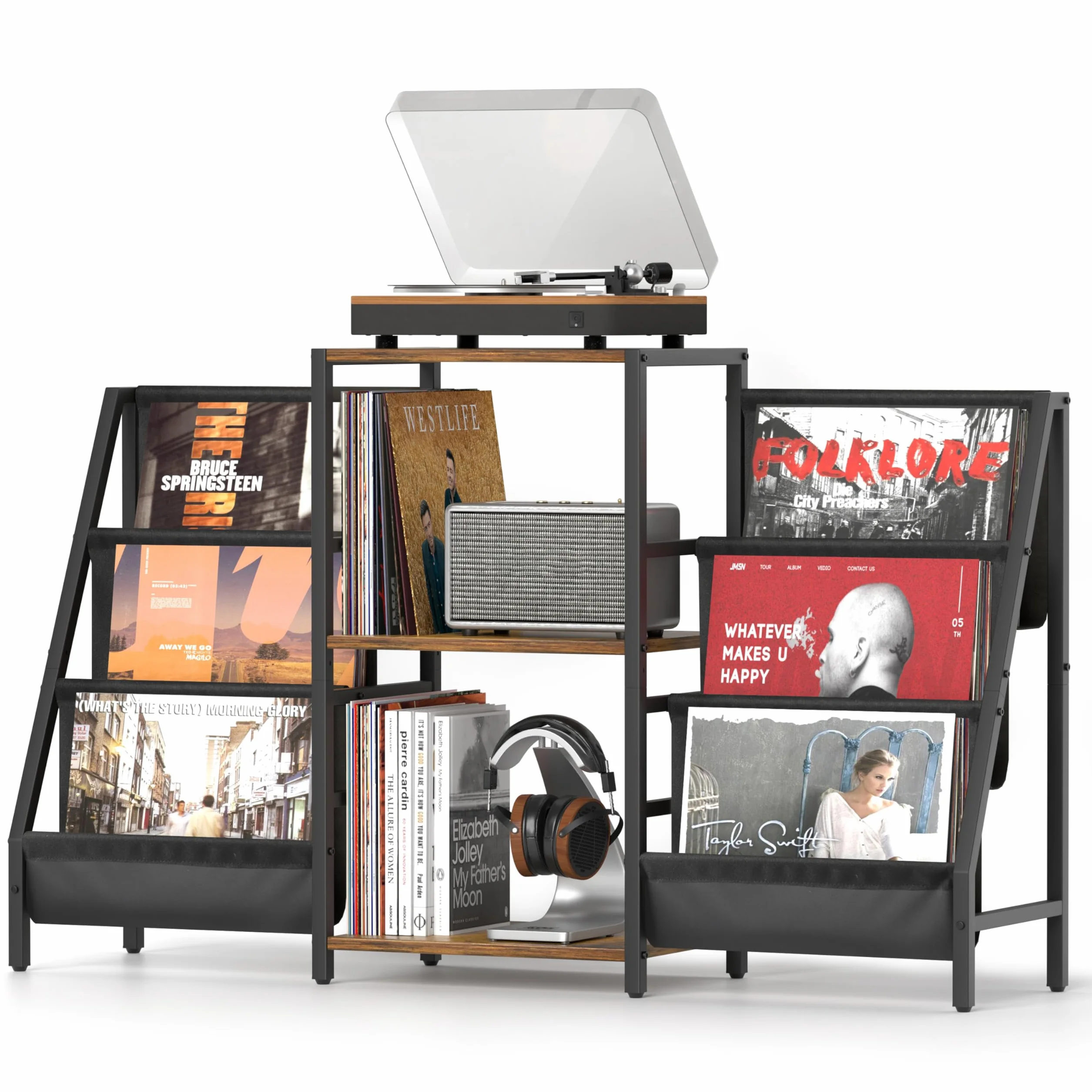 Bikoney Tocadiscos de Vinilo Stand, Mueble Tocadiscos con Almacenamiento de Vinilo hasta 280 Albumes, Giradiscos Estante Soporte Reproductor Vinilo de Almacenamiento de Vinilos Media Estéreo