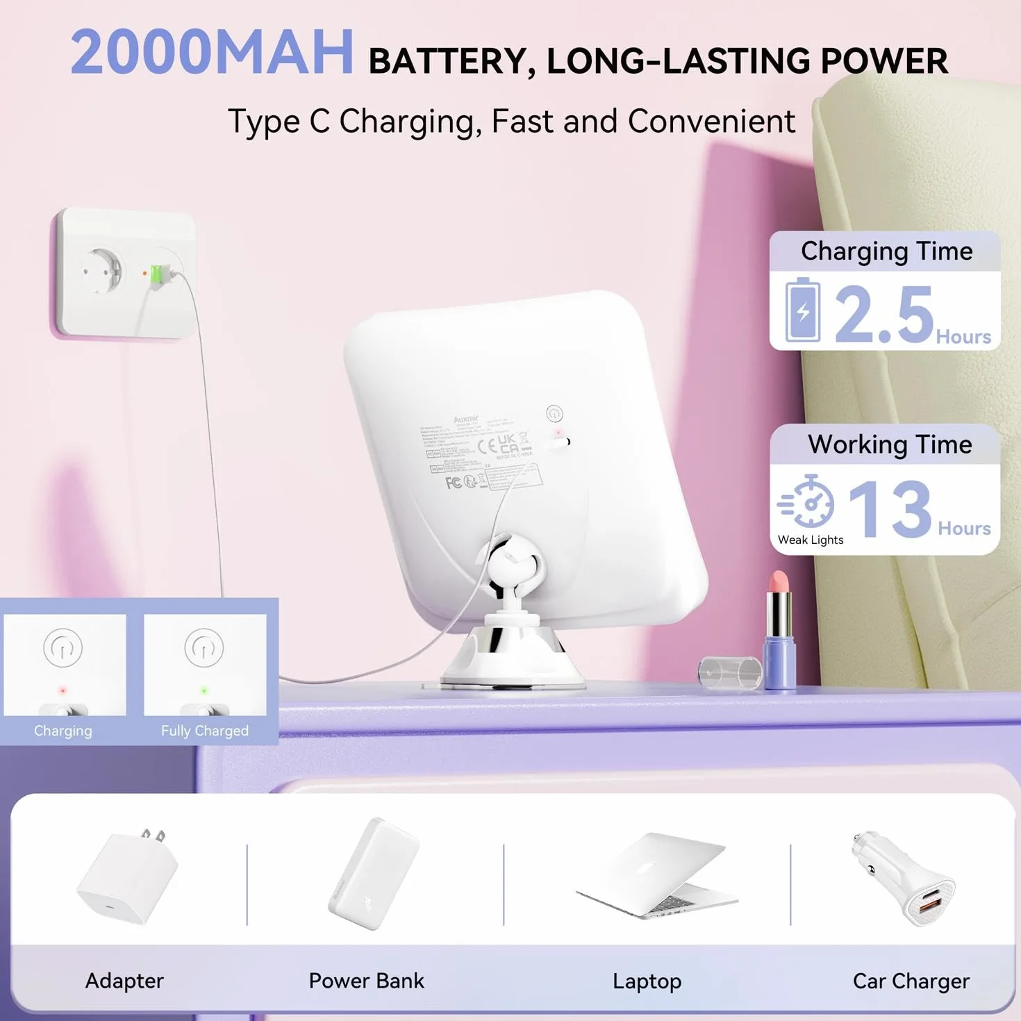 Auxmir Espejo Maquillaje con Luz 30X, 2000 mAh USB Recargable, 360° Giratorio, 3 Colores Luz, Inalámbrico