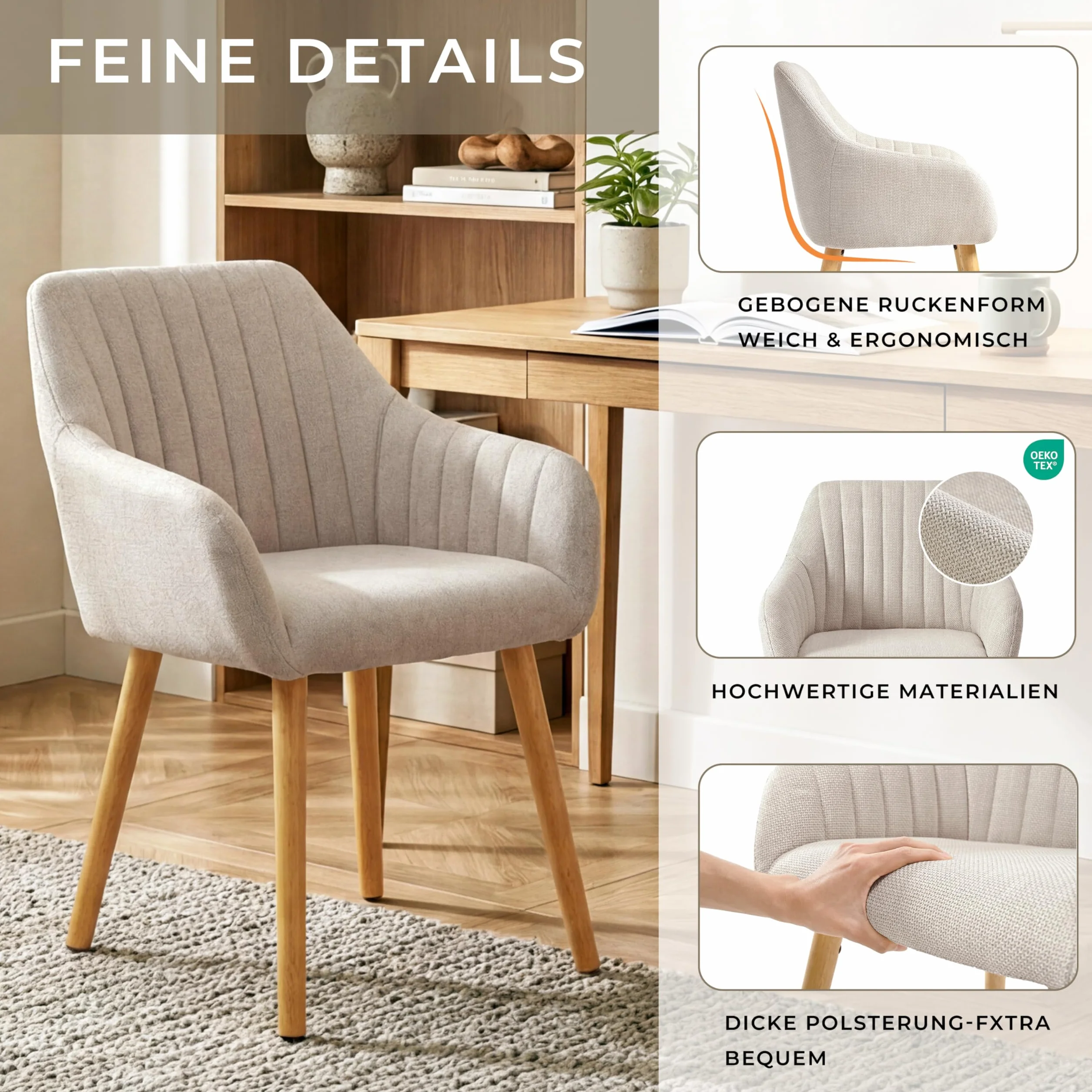 Juego de 4 sillas de Comedor Beige con reposabrazos de Lino, sillas de Comedor, Silla de salón, Silla de Cocina