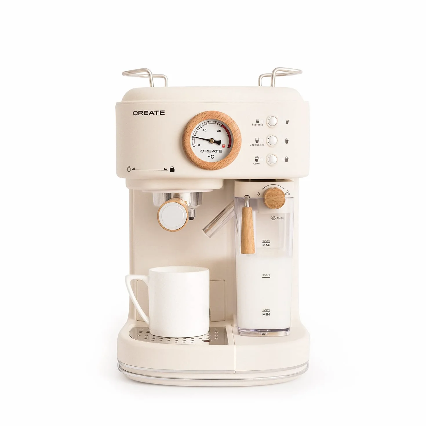 CREATE / THERA RETRO PRO/Cafetera Express semiautomática Blanco Roto / 20 bares, depósito de leche, bandeja de goteo, dos salidas,capacidad 1,5l, para café molido, 1250W