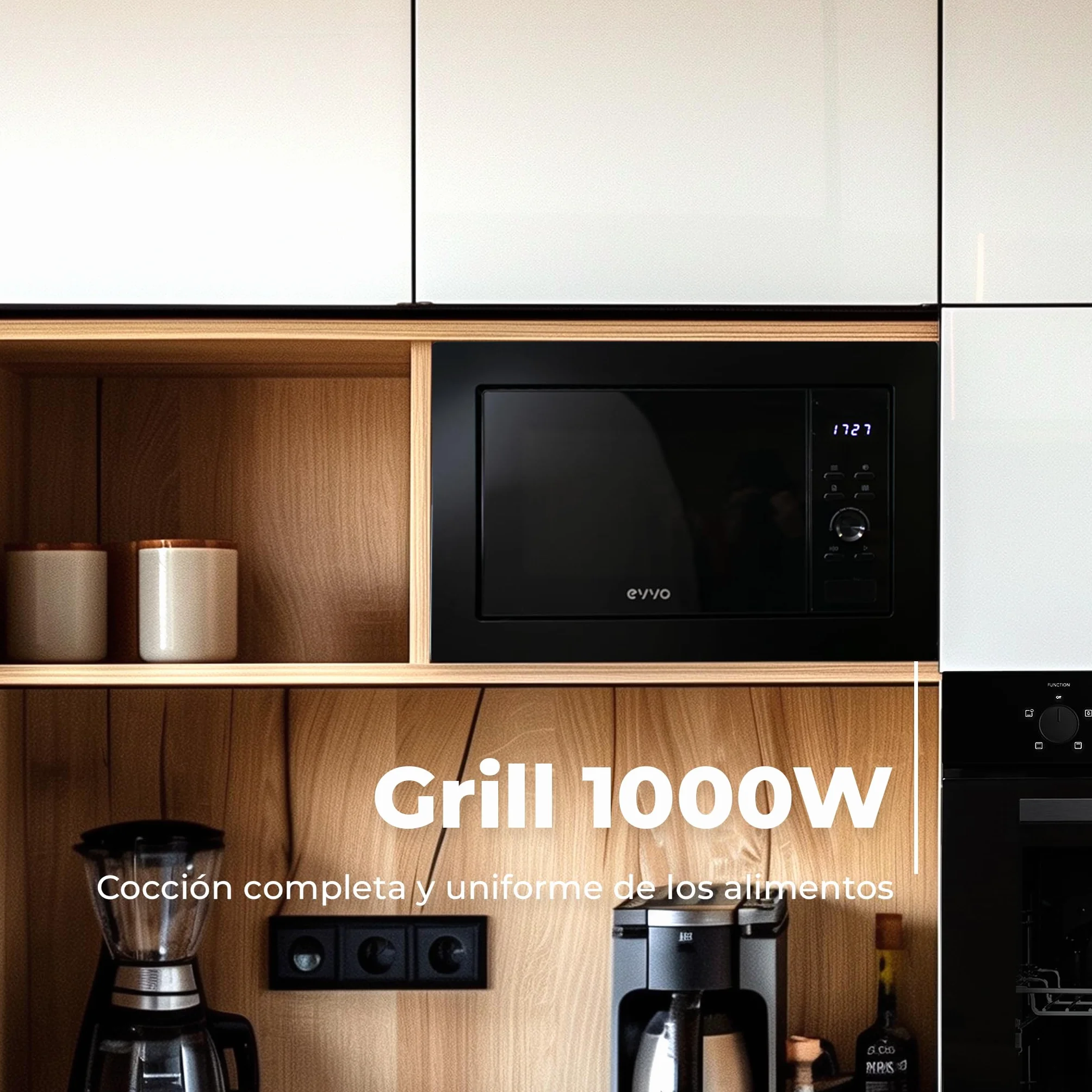 EVVO Microondas Integrable Mi30 Black - 21 Litros, Horno Microondas Función Grill, Display Digital, Bloqueo Infantil y Temporizador de 60 Minutos, Negro