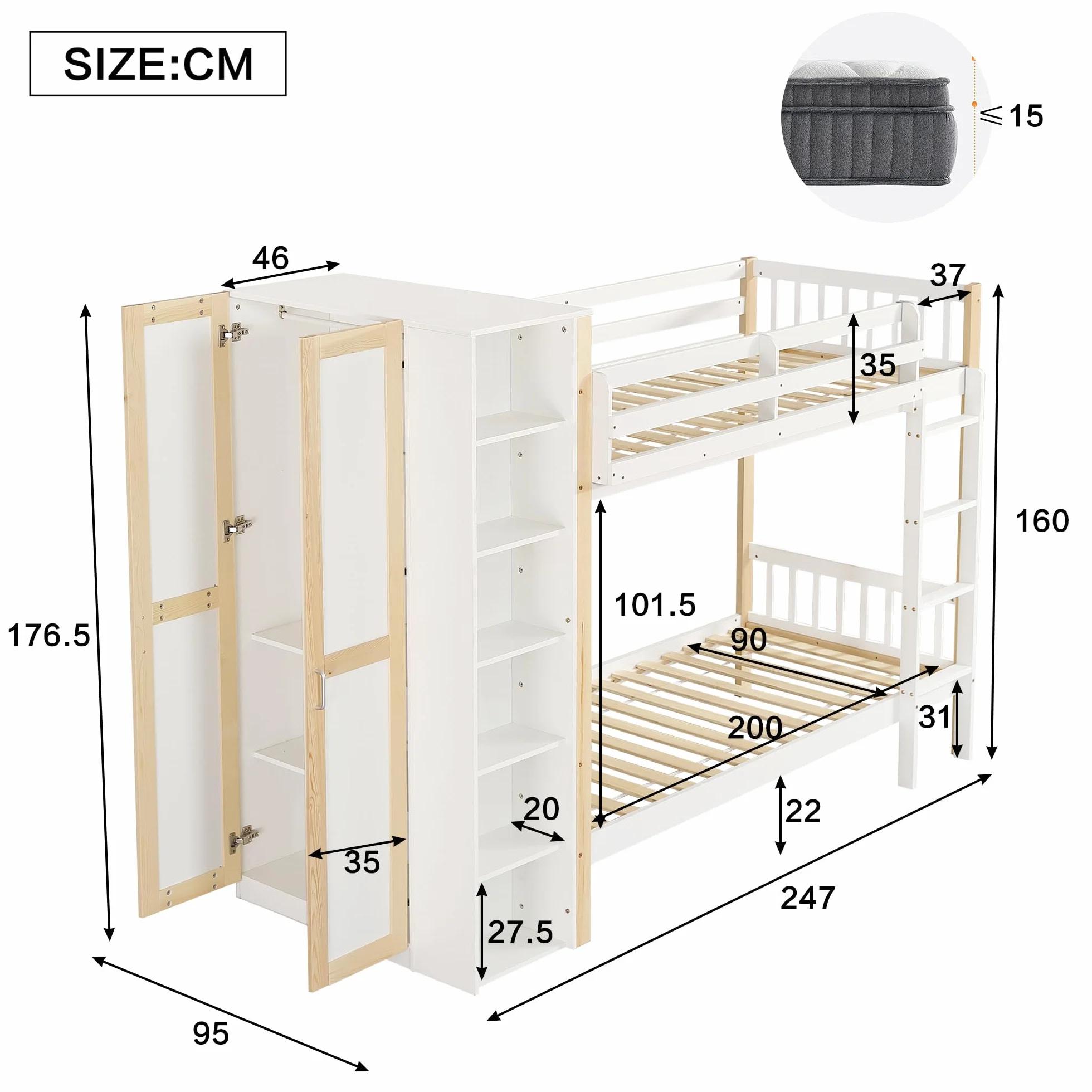 SUKY Litera, 90 x 200 cm, cuna con protección contra caídas y rejilla, con escalera de 4 niveles, 6 estantes abiertos, armario lateral, amplio espacio de almacenamiento, madera de pino+PB, color