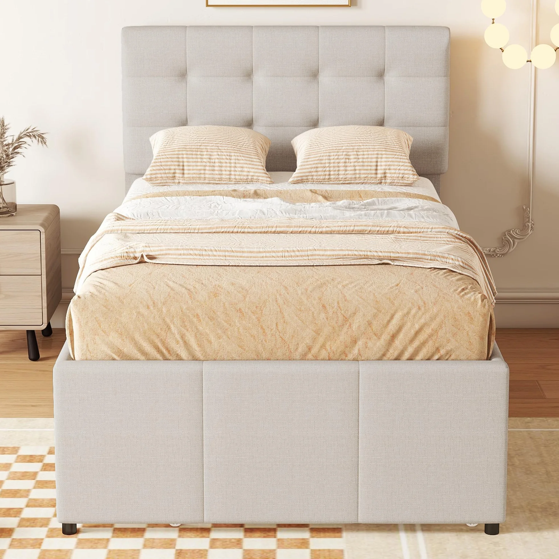 Cama Tapizada 90x200 cm con Cama Nido 90x190, Cama Infantil con 3 Cajones, Camas Juveniles con Cabecero Ajustable, Estructura de Cama Individual con Láminas de Madera, Lino, Beige, Sin Colchón