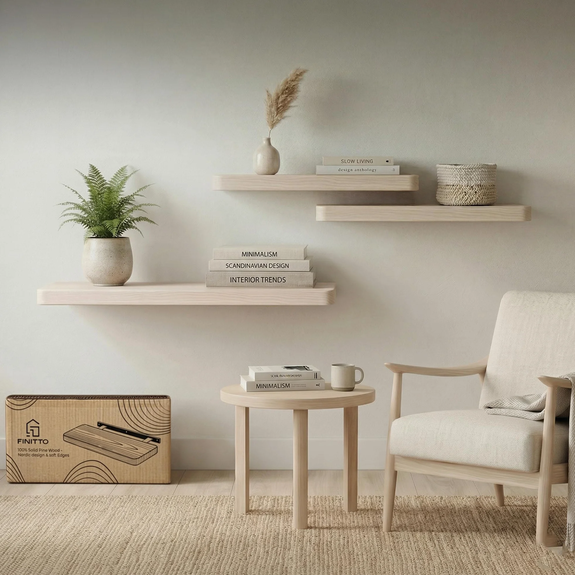 Estanterías Flotantes Madera Maciza Pino Pack 2 Blanco Cantos Redondeados 40cm 58cm