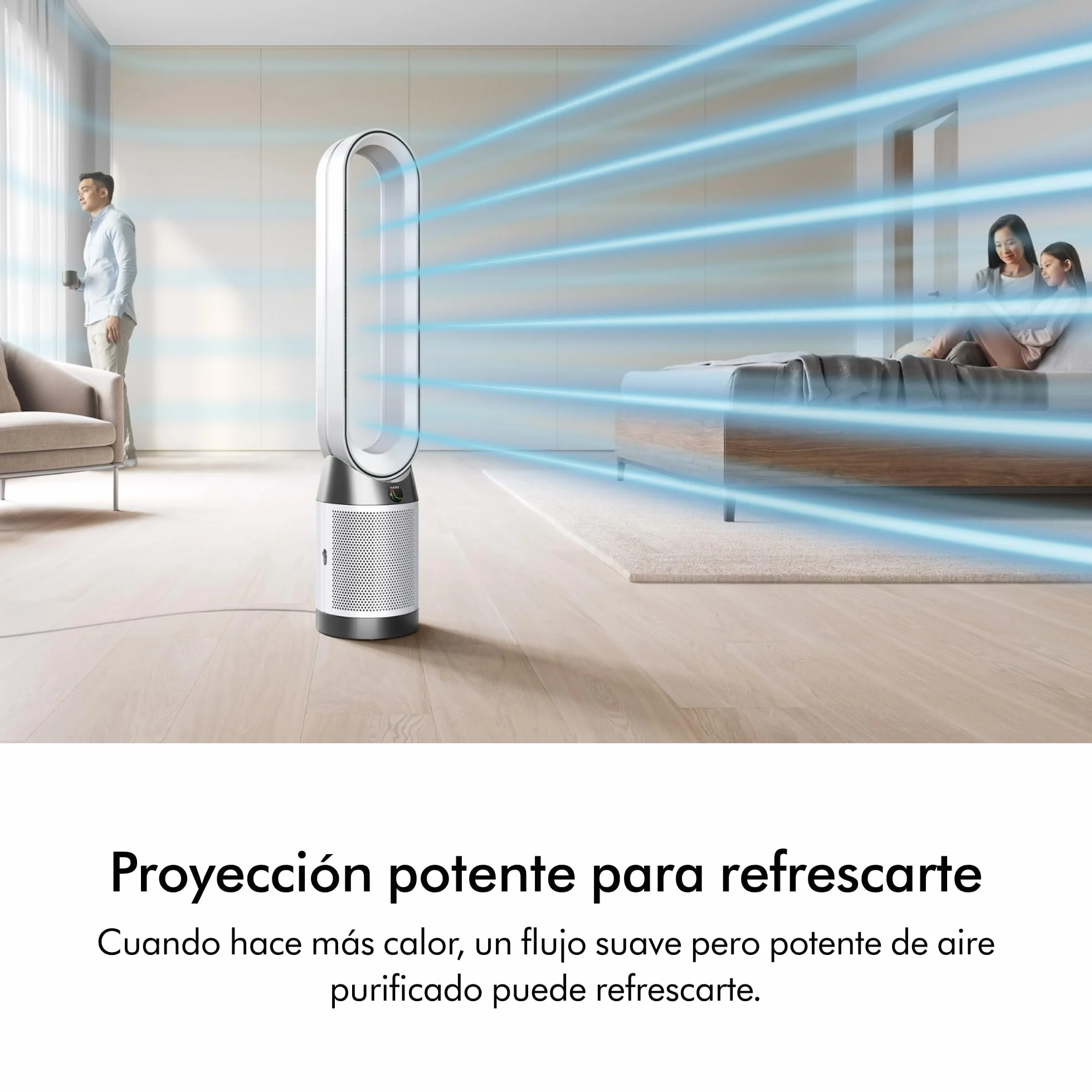 Dyson Purifier Cool™ PC1 Ventilador de Torre y Purificador de Aire, Filtro HEPA H13, Refrigeración Potente, Control por App y Mando, Sin Aspas, Oscilación 350°, Blanco