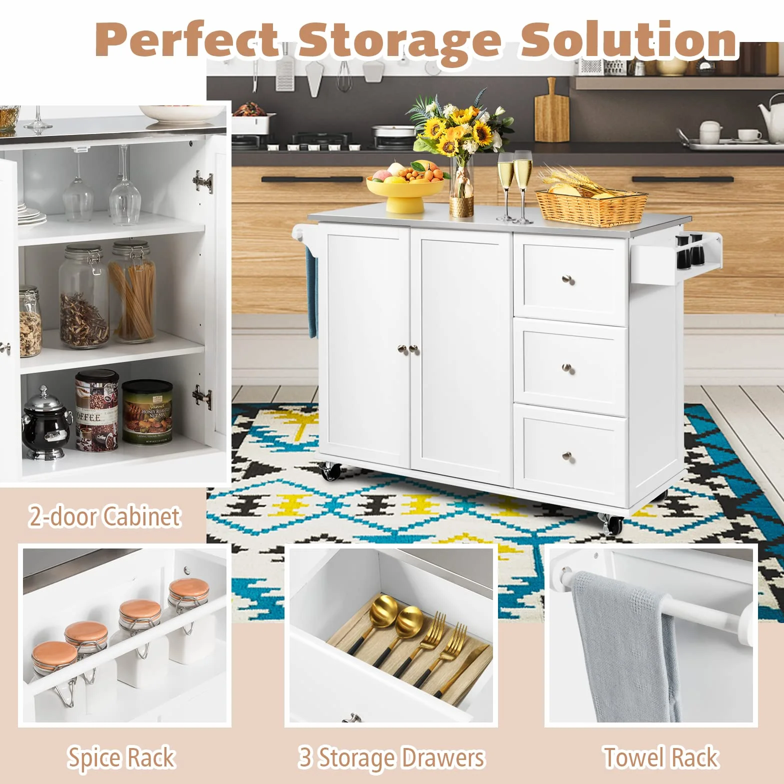 GIANTEX Carro de Cocina con 2 Puertas y 3 Cajones, Isla de Cocina con Ruedas y Tablero de Acero Inoxidable, Asa Lateral y Especiero, 135x45,5x91,5 cm, Mueble Auxiliar para Comedor (Blanco)