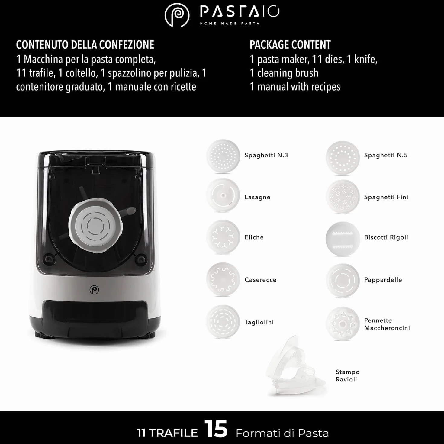 PASTAIO | Máquina de Pasta Fresca de Doble Extrusión. Pasta Maker, hasta 800 g de pasta, pesaje automático, 11 estirado incluido para 15 tipos de pasta, 180 W