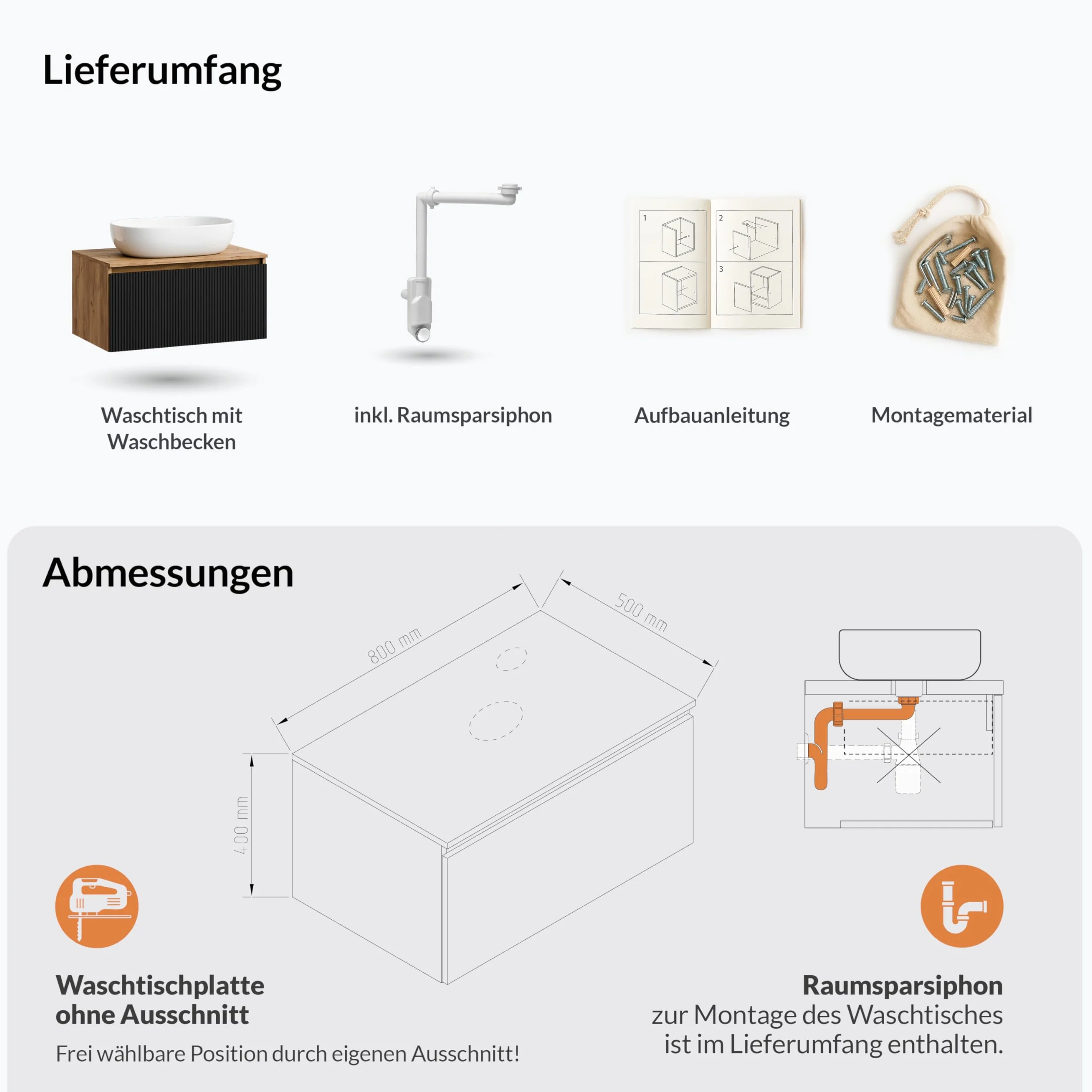 Planetmöbel Arisa Juego de muebles de baño con lavabo de 80 cm en roble dorado negro (estriado), lavabo de 60 cm en blanco, con sifón de ahorro de espacio