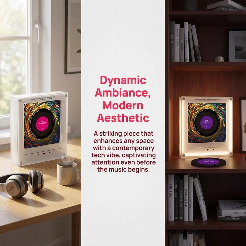 Reproductor de música NFC acrílico 7.9 pulgadas con luces LED integradas, 9 discos preconfigurados