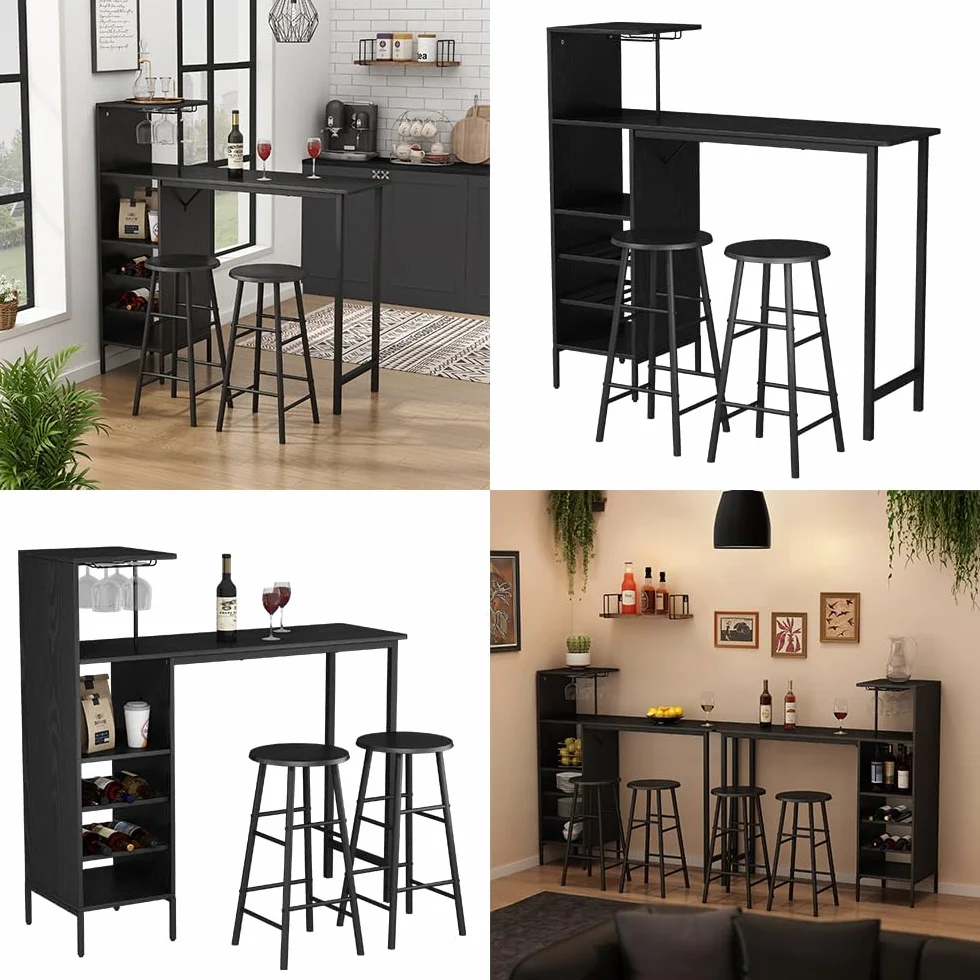 Vicco Juego de Mesa de Bar Naila, Negro, 121.5 x 40 cm con 2 taburetes, Apto como Comedor con Superficies de Almacenamiento para Guardar Objetos