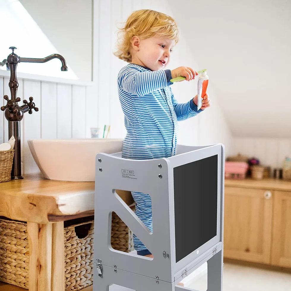 YOLEO Torre Aprendizaje Transformer Montessori Plegable con Pizarra Magnética Gris Madera