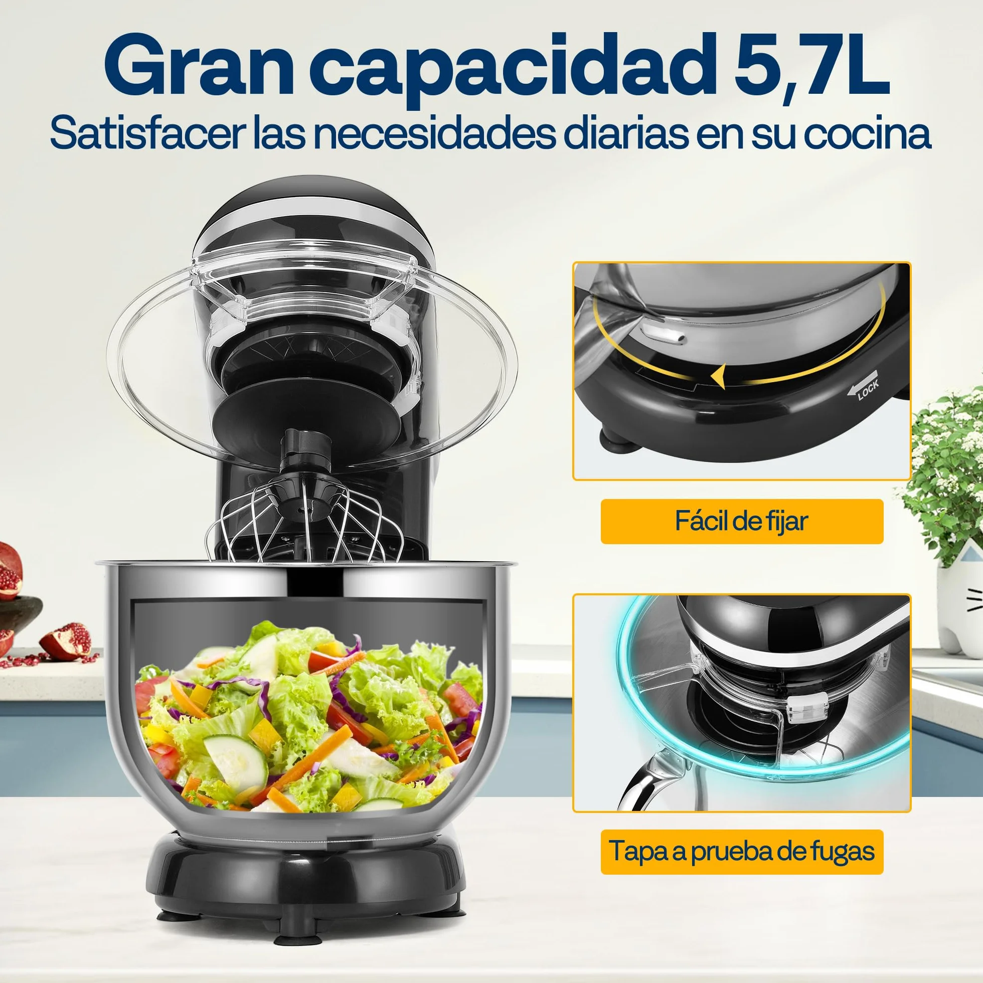 VIVOHOME Batidora Amasadora 10 Velocidades 1500W 5,7L para Repostería Profesional, Amasadora de Pan Varillas Multifunción Bol de Acero Inoxidable, Negro