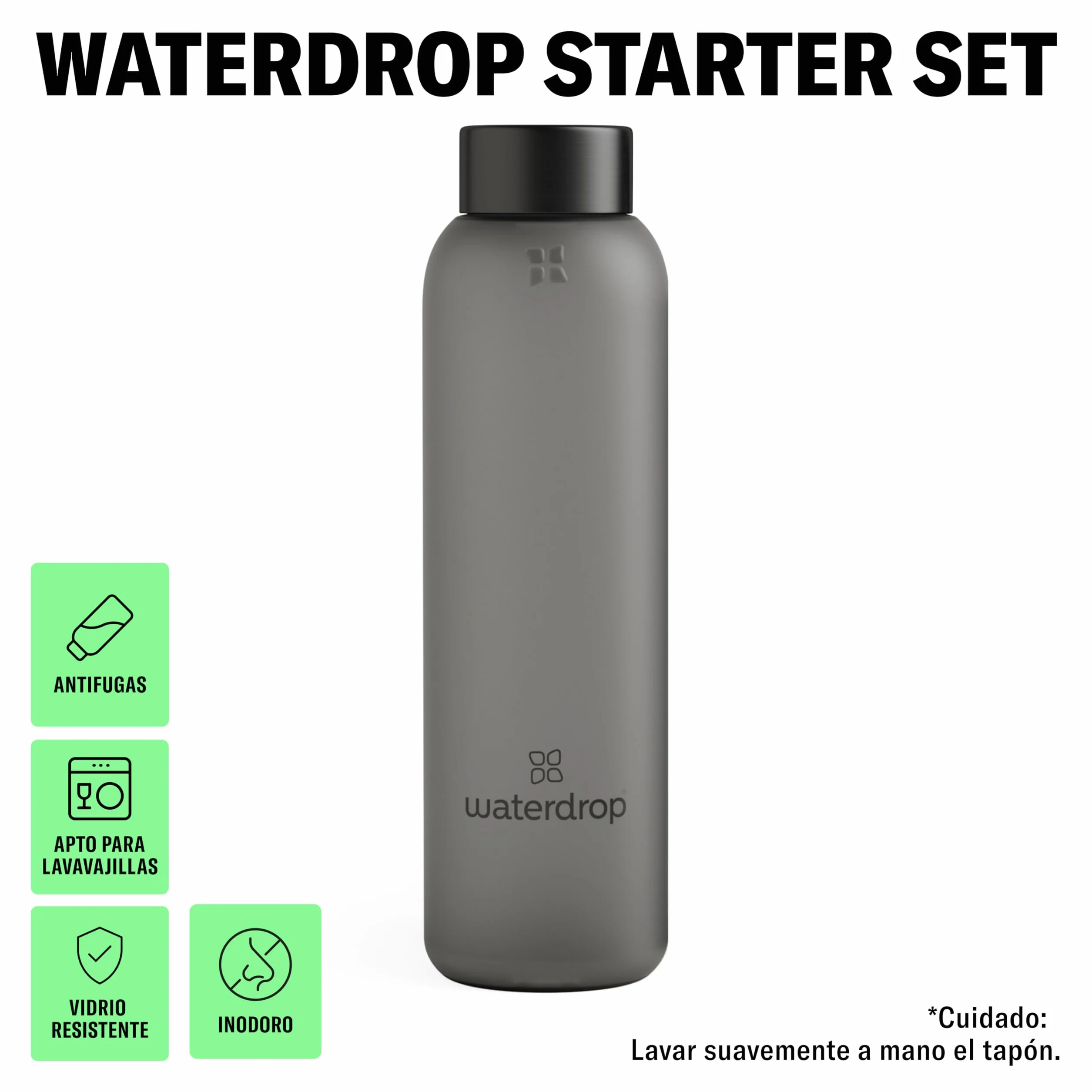 Waterdrop Starter Set, Botella de Vidrio 600ml + 18 Cubos Microdrinks, Saborizantes para Agua, 0 Azúcar