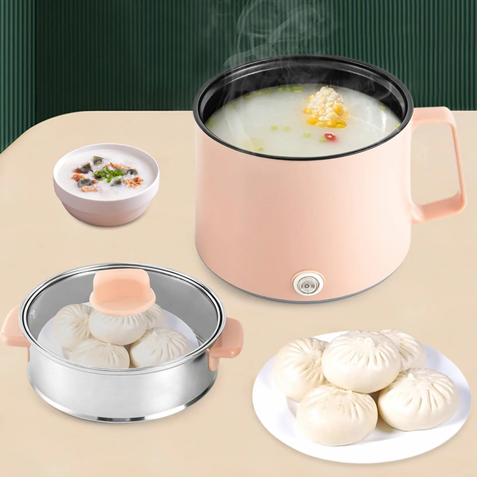 Olla eléctrica antiadherente 17x17x25 cm 1,7L tapa de cristal vaporera multiuso para avena pasta rosa
