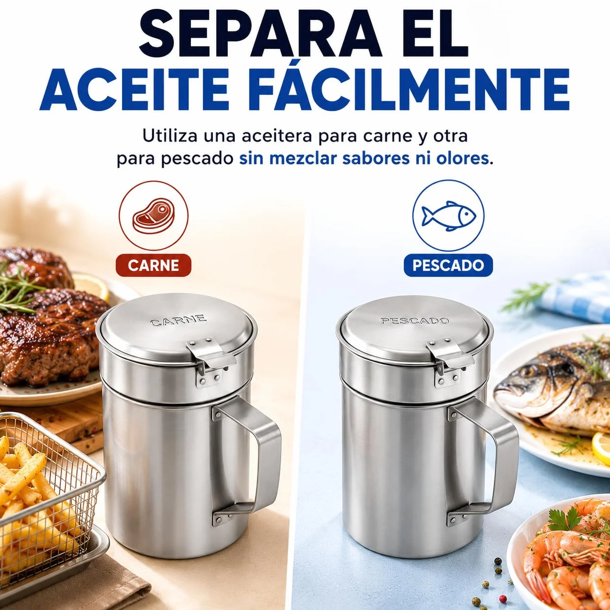 Aceitera Acero Inoxidable 500ml con Filtro Antigoteo para Aceite Usado Carne Pescado