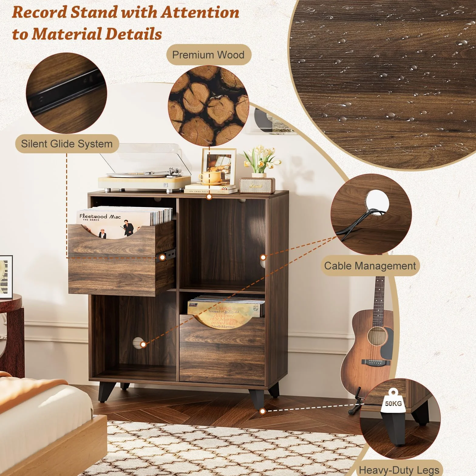 Mueble Tocadiscos con Estante para Vinilos y 2 Cajones – Mesa Auxiliar de Madera, Compatible con Todos los Tocadiscos y Altavoces
