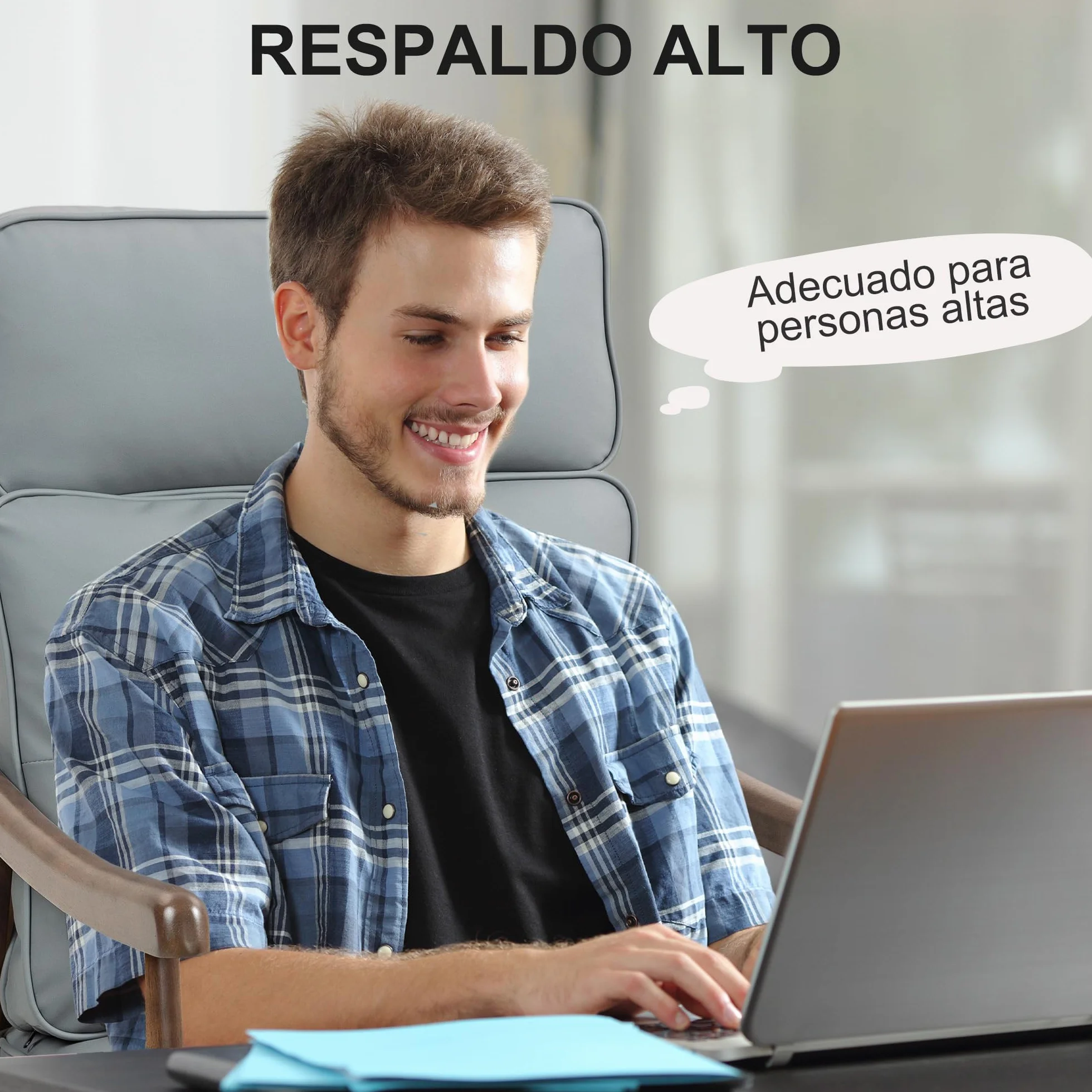 HOMCOM Butaca de Salón Sillón de Salón Tapizado en PU con Marco de Madera Cojines Acolchados Gruesos Respaldo Alto Carga 150 kg Sillón Lectura para Sala de Estar Dormitorio Gris y Madera Nogal