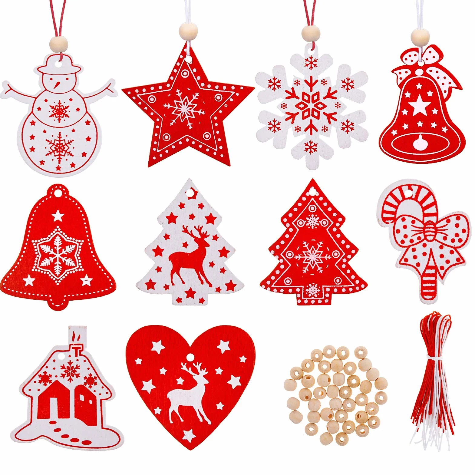 Kiiwah 40 Piezas Adornos para Árboles de Navidad, Colgantes de Madera con Hilos de Algodón y Cuentas