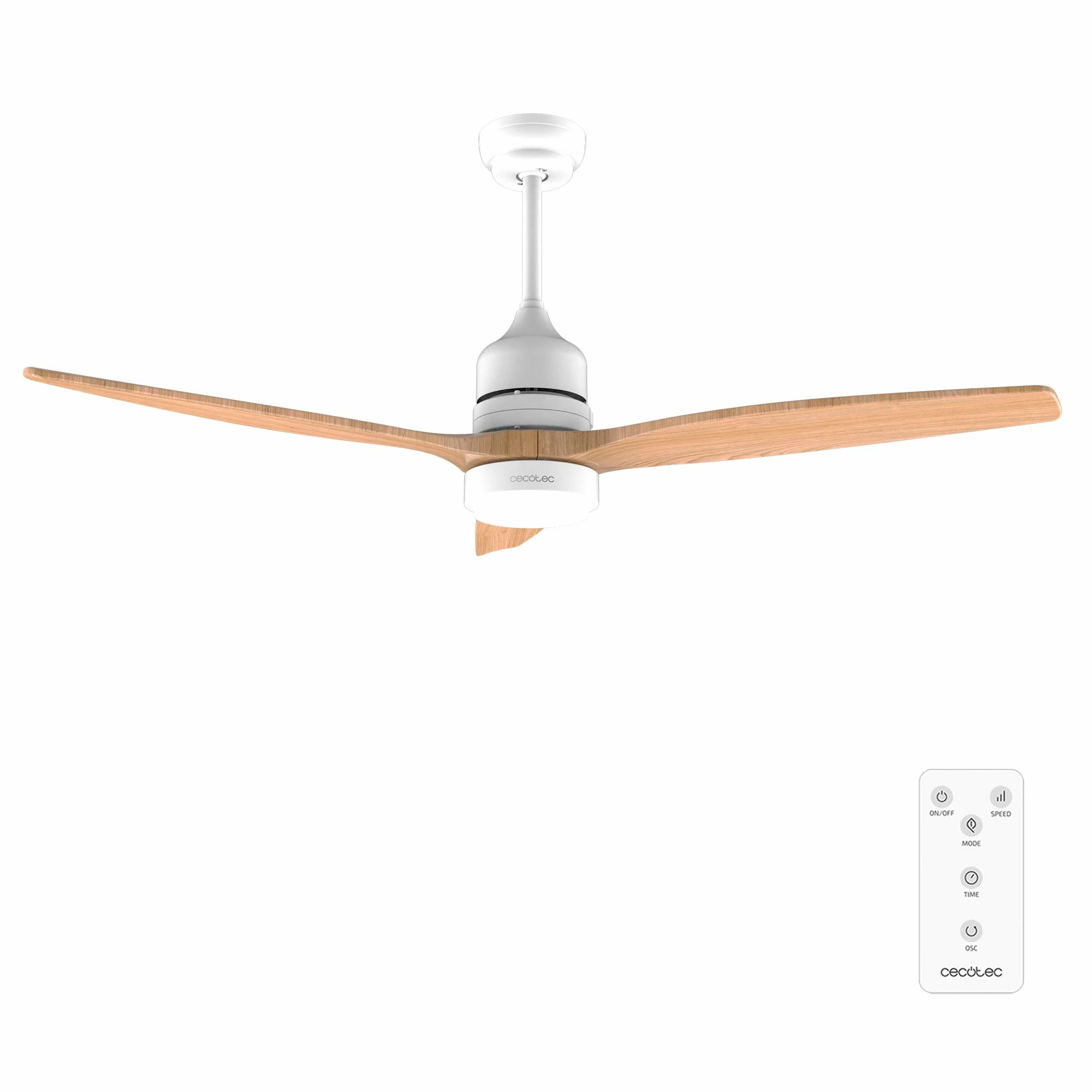 Cecotec Ventilador de Techo con Luz y Mando a Distancia de 52" EnergySilence Aero 5230 WhiteWood. Motor DC 40W, 3 Aspas, Luz LED, Altura Ajustable, Temporizador, 6 Velocidades, Modo Winter/Summer