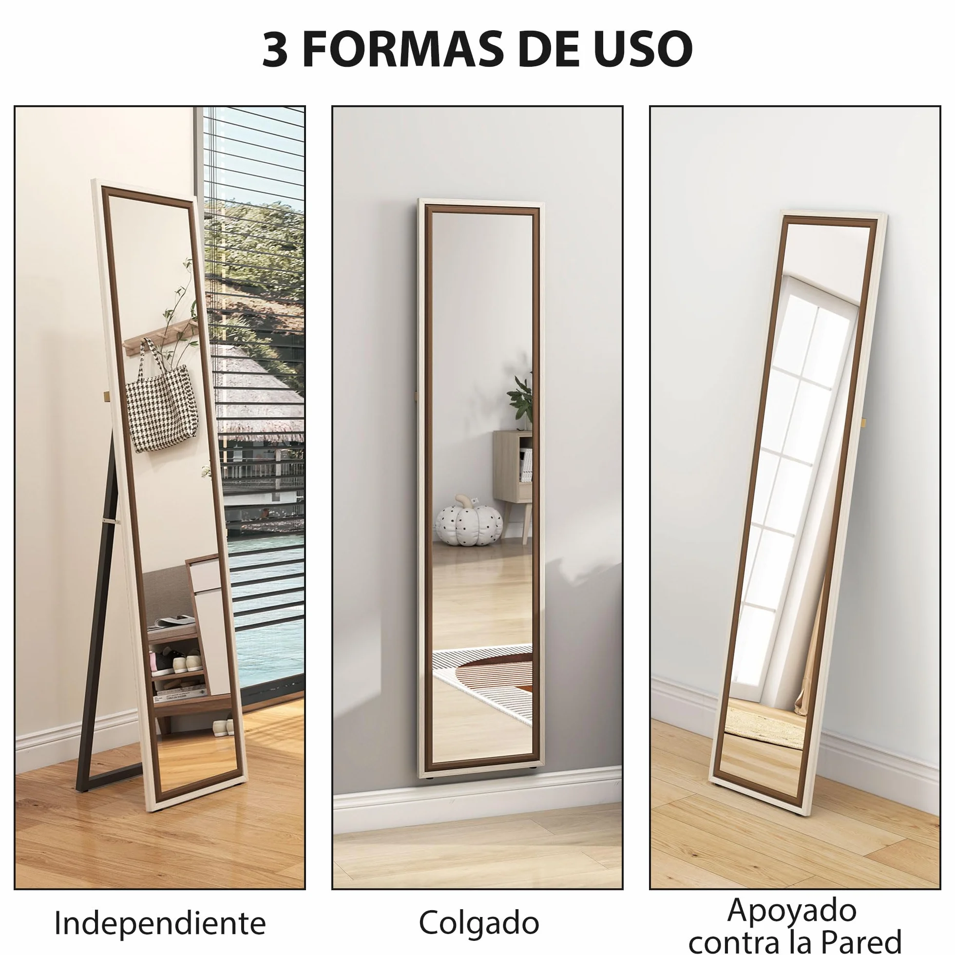 HOMCOM Espejo de Pie Cuerpo Entero 157x37 cm, Espejo Grande de Pared con Marco Bicolor, de Pie, Inclinado o Colgante, para Salón, Dormitorio, Pasillo, Entrada, Blanco y Marrón Oscuro