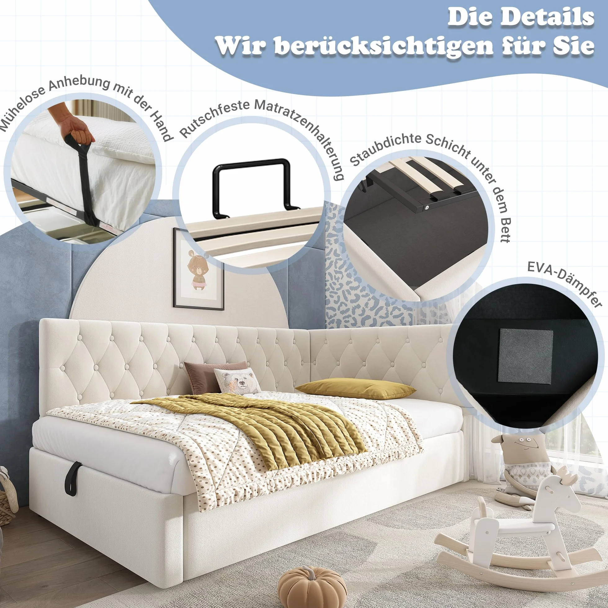 MURUL Cama tapizada, cama de día 90 x 200 cm, sofá cama con almacenamiento hidráulico, cama infantil, cama juvenil, estructura de cama con somier de madera, terciopelo, sin colchón.
