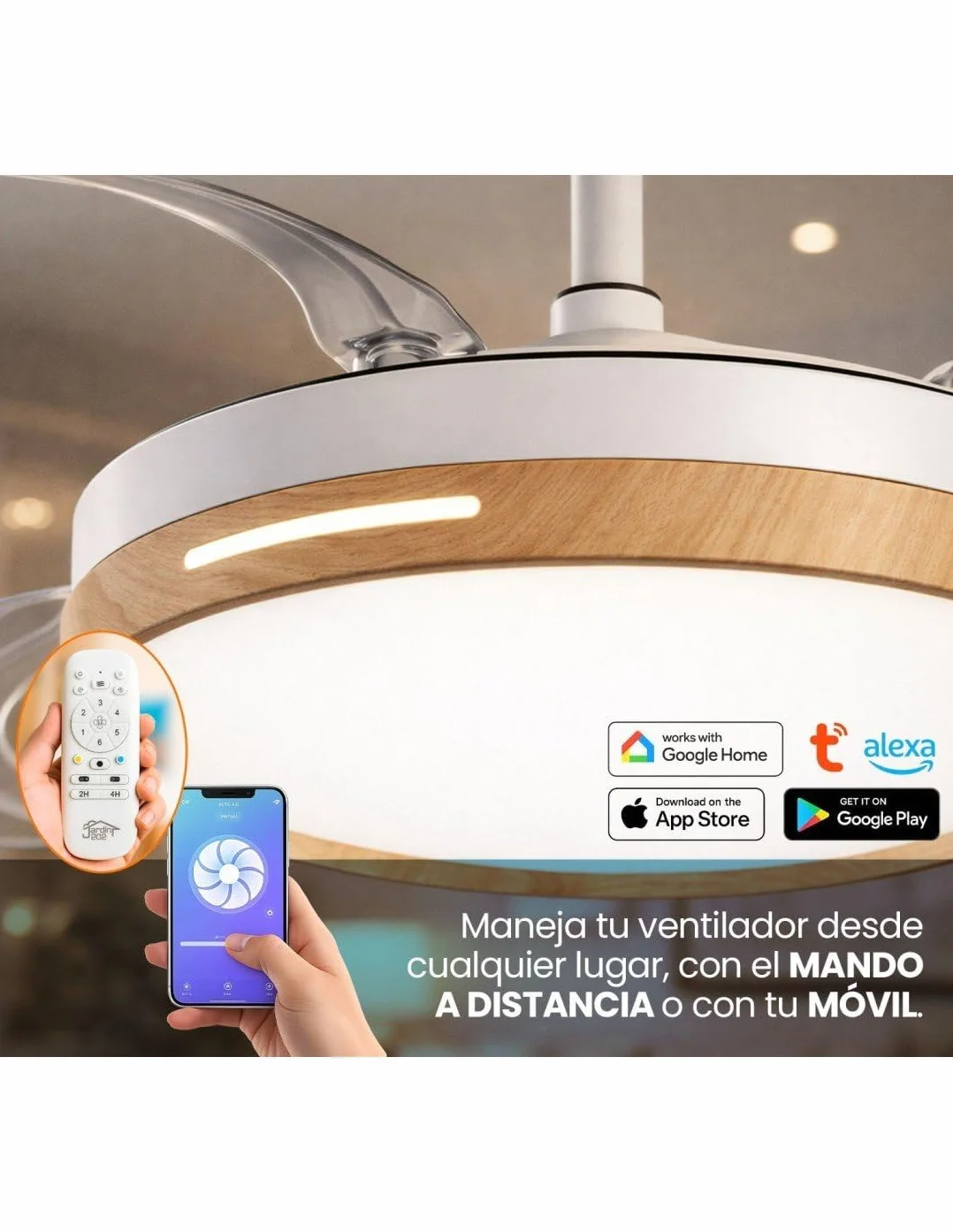 JARDIN202 - Ventilador de Techo con Aspas Retráctiles, Motor DC, Temporizador, Luz LED Regulable, Mando a Distancia, 6 Velocidades | 50 cm (Vejer Wifi Madera)