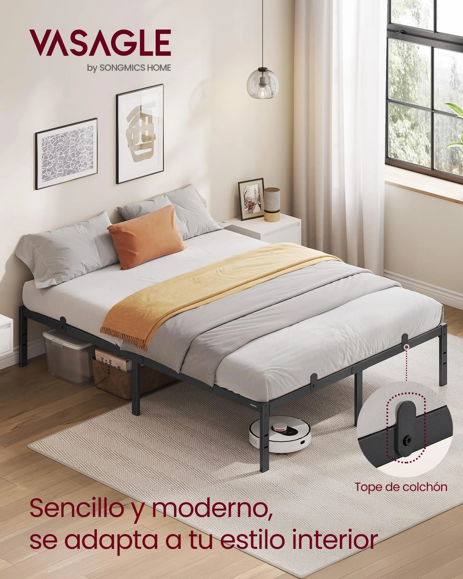 VASAGLE Marco de Cama Doble, para Colchón de 135 x 190 cm, de Metal, Organización del Espacio, Moderno, para Invitados, Fácil Montaje, Negro Tinta RMB136B01