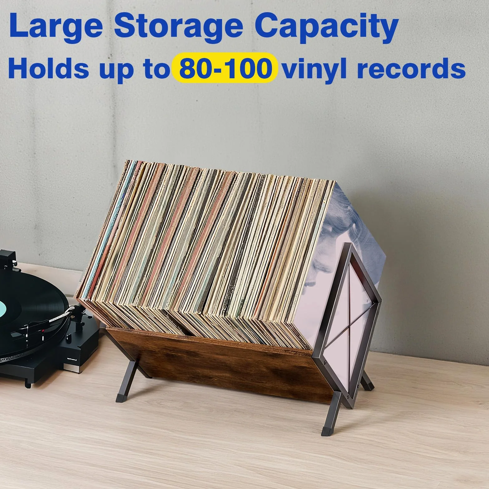 Estantería vinilos Soporte Vinilo 80-100 LPs Mueble Organizador Discos Madera Abrazadera Separadora Antideslizante