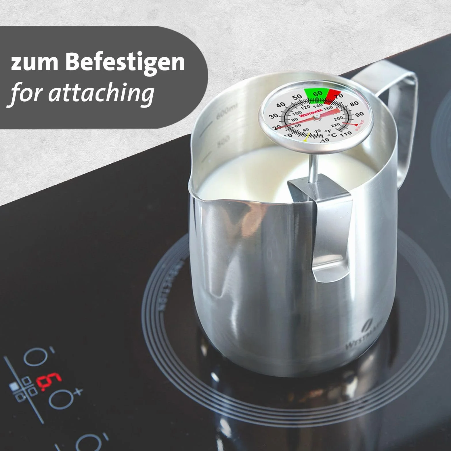 Termómetro para la leche Westmark – práctico termómetro de cocina para espumar leche, deliciosa espuma de leche para el café, termómetro de barista con pinza – acero inoxidable