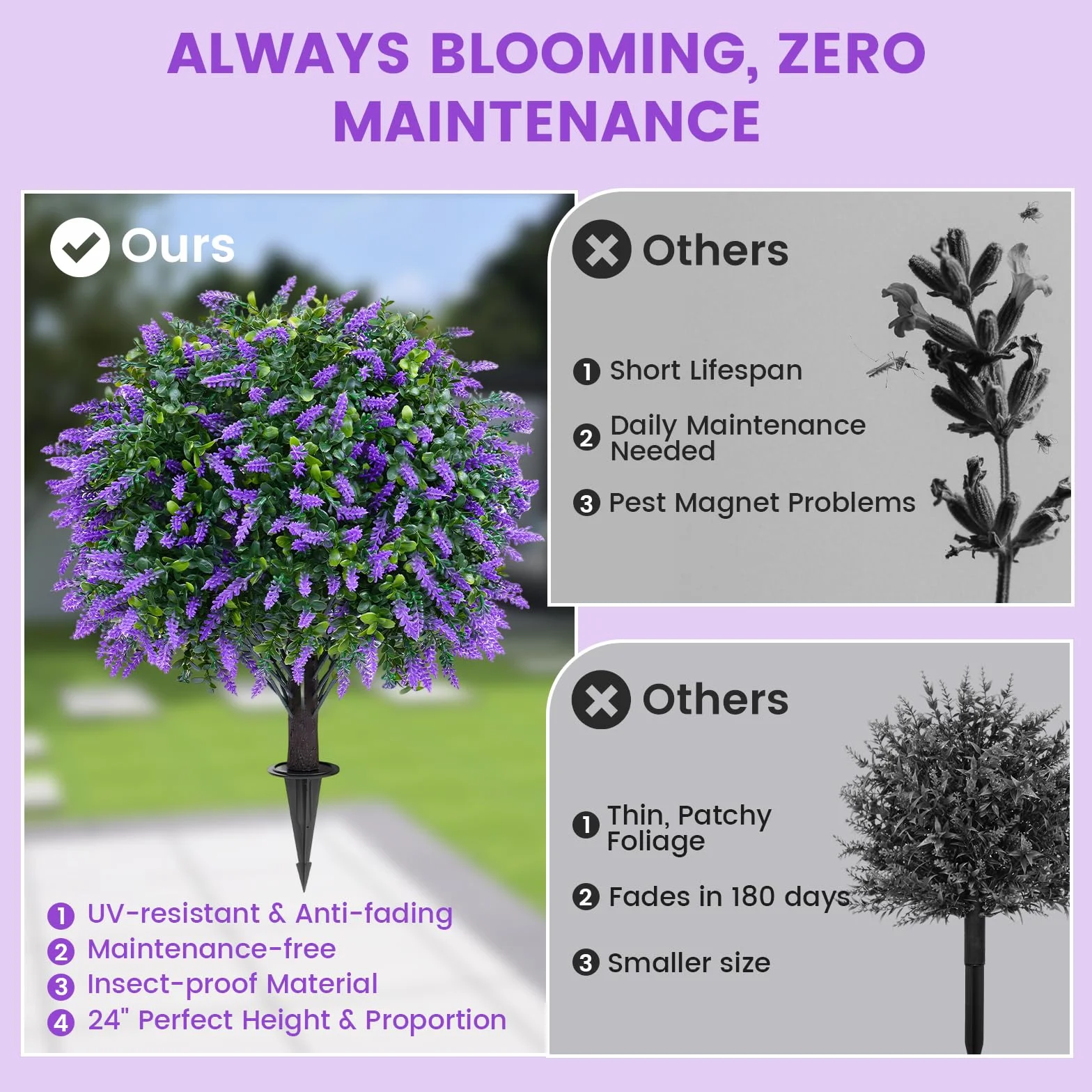 2 bolas topiarias artificiales de lavanda con estaca para el suelo, árbol artificial resistente a los rayos UV para decoración de interiores y exteriores, plantas artificiales para jardín, porche