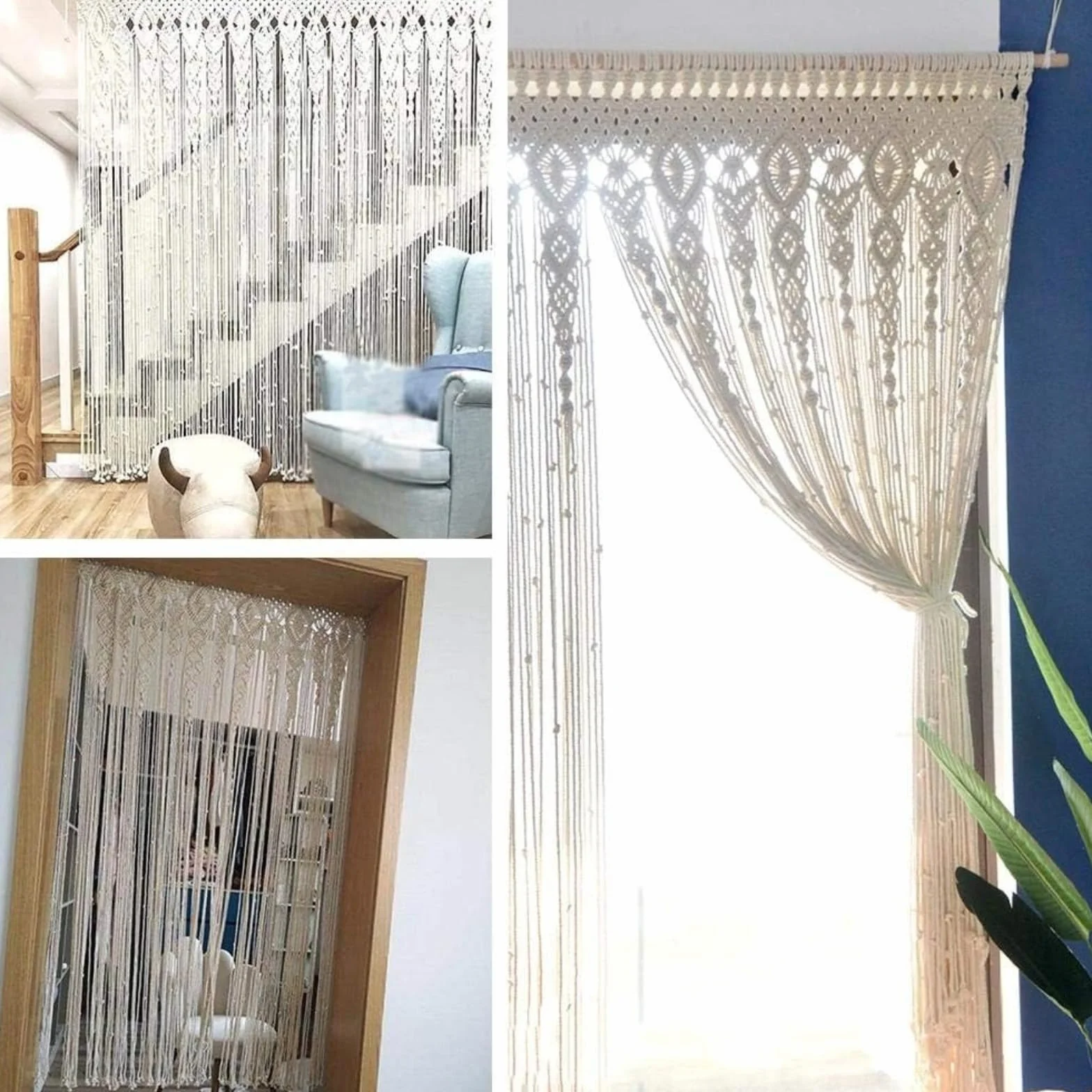 Cortina de macramé para Colgar en la Pared, Tapiz Boho para Puerta, Ventana, Divisor de Armario, Decoración de la Boda