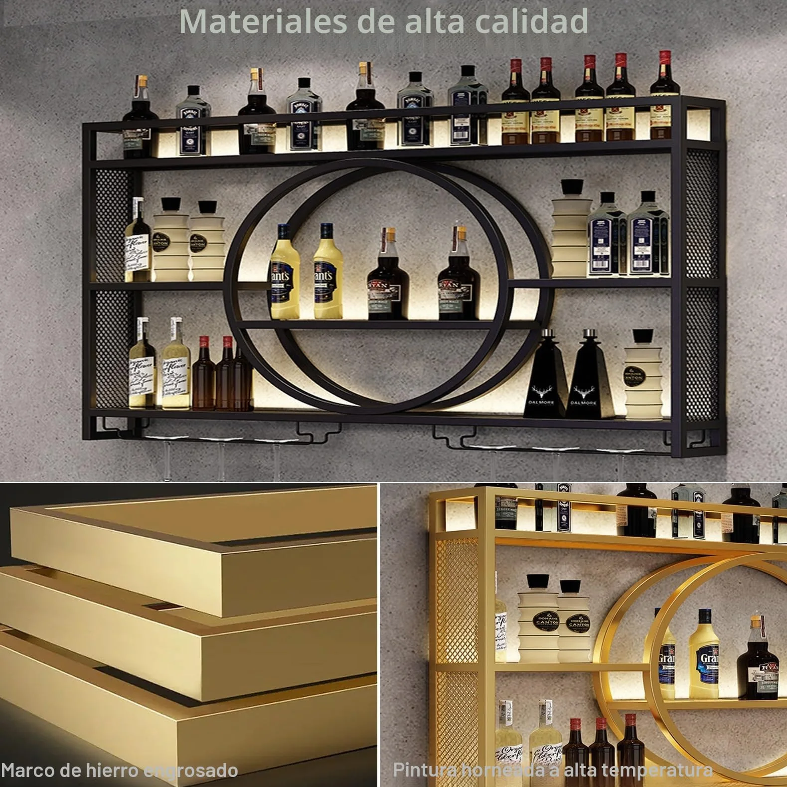 Estante de vino montado en la pared con luz , unidad de barra flotante estante de exhibición de botellas de licor, estante de almacenamiento multifuncional con soporte para copas de (100x15x80cm)