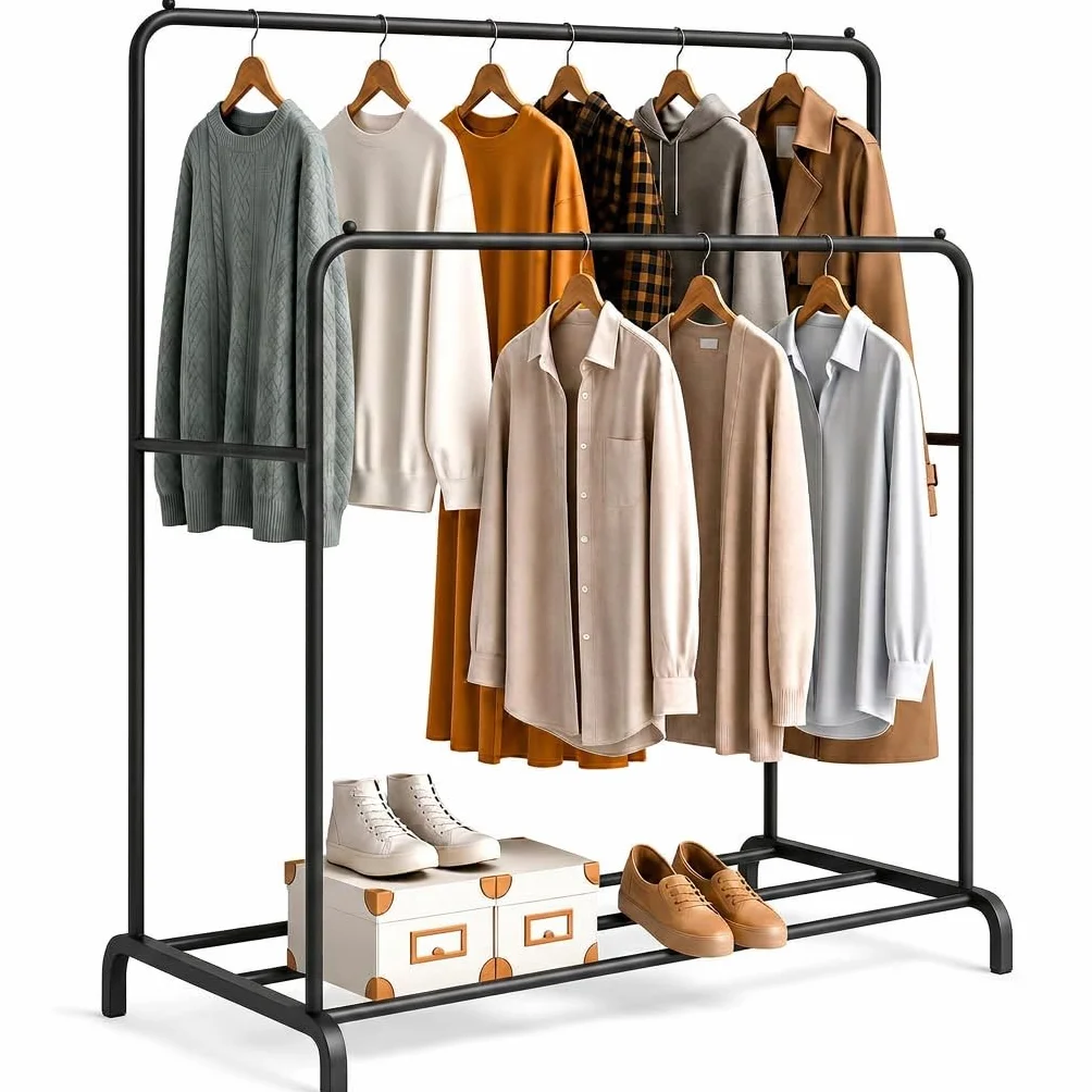 Perchero Colgador de Ropa Doble Metálico 110x150x54 cm con Soporte para Zapatos Negro