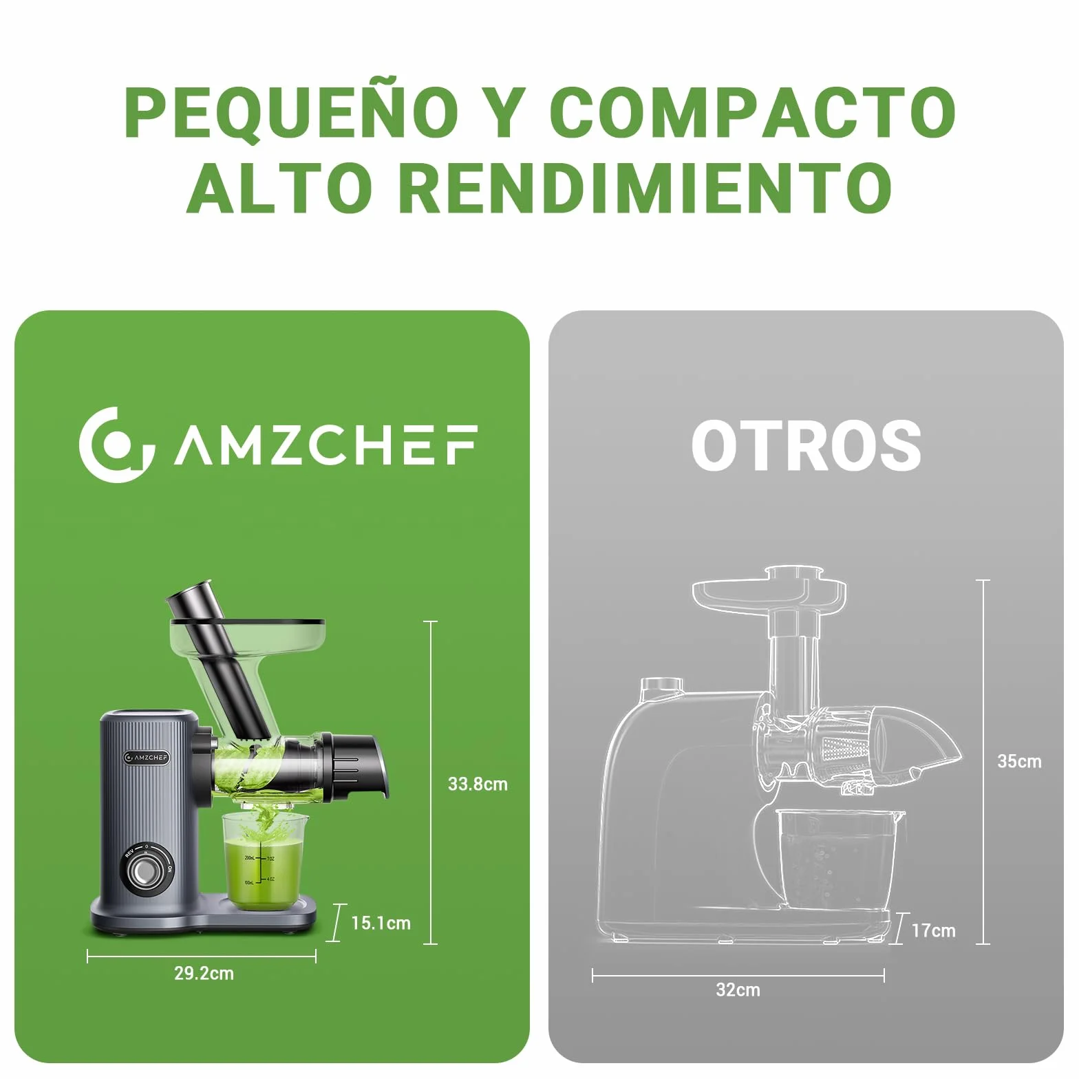 AMZCHEF Juicer Compacto Con Dos Modos De Alimentación Para Uun Uso Fácil - Extractor De Zumos Y Verduras Silencioso De Alta Tecnología Con Masticación Inversa Y Un Rendimiento De Zumo Ultra Alto